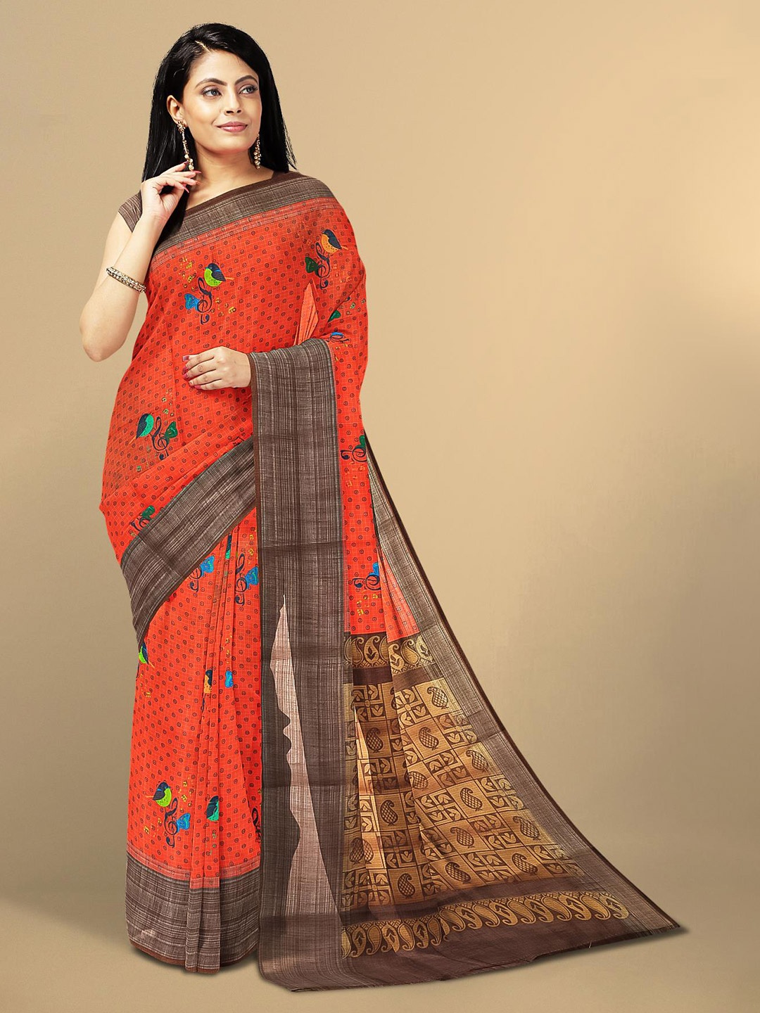 

Kalamandir Orange & Brown Floral Linen Blend Saree