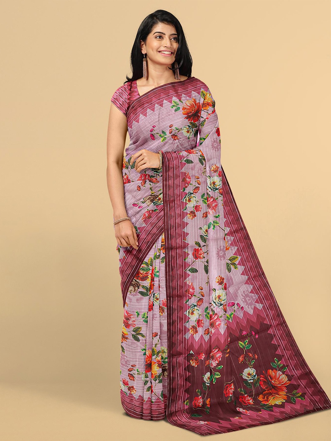 

Kalamandir Pink & Green Floral Silk Blend Saree