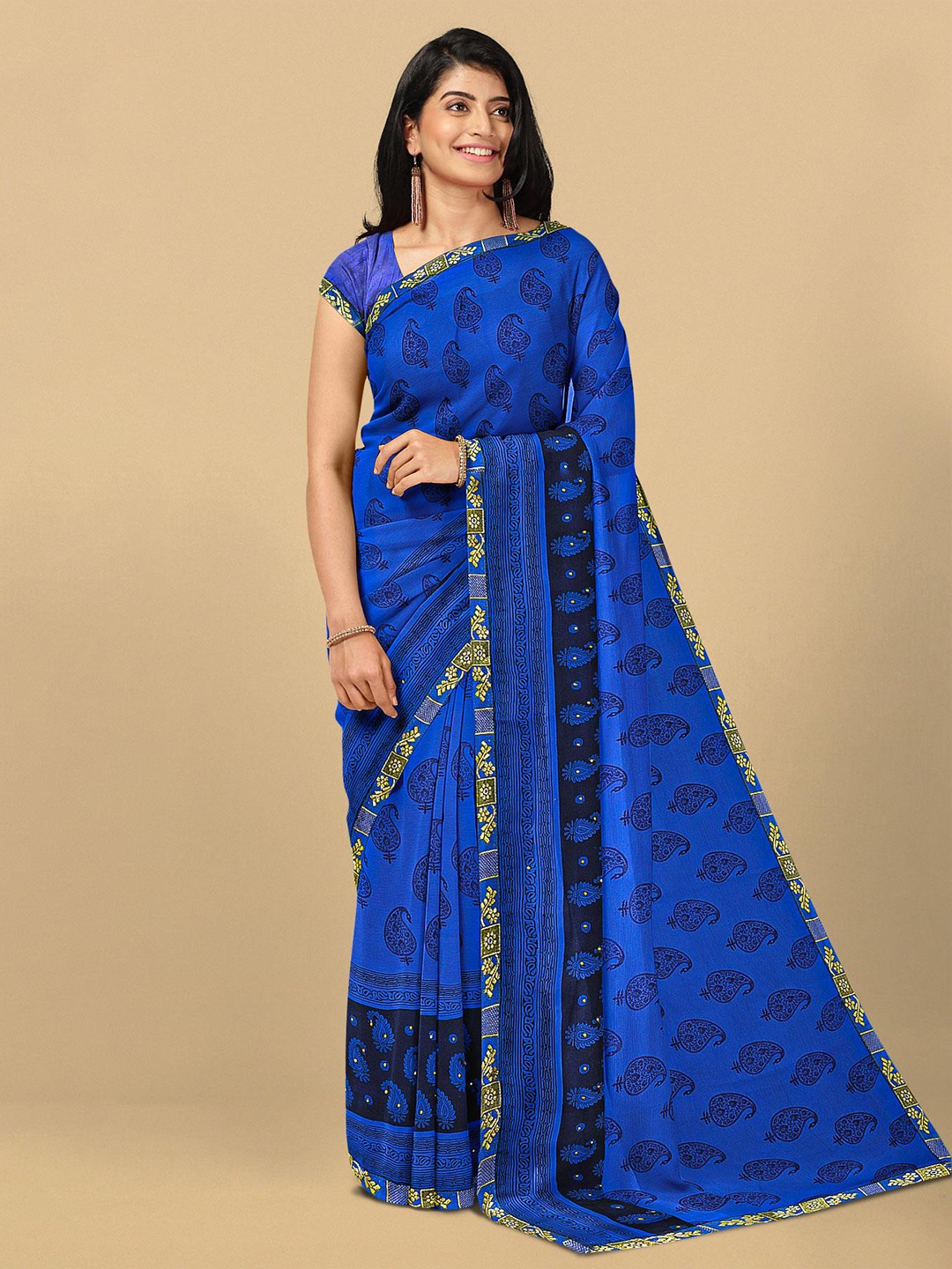 

Kalamandir Blue & Black Paisley Printed Poly Georgette Saree