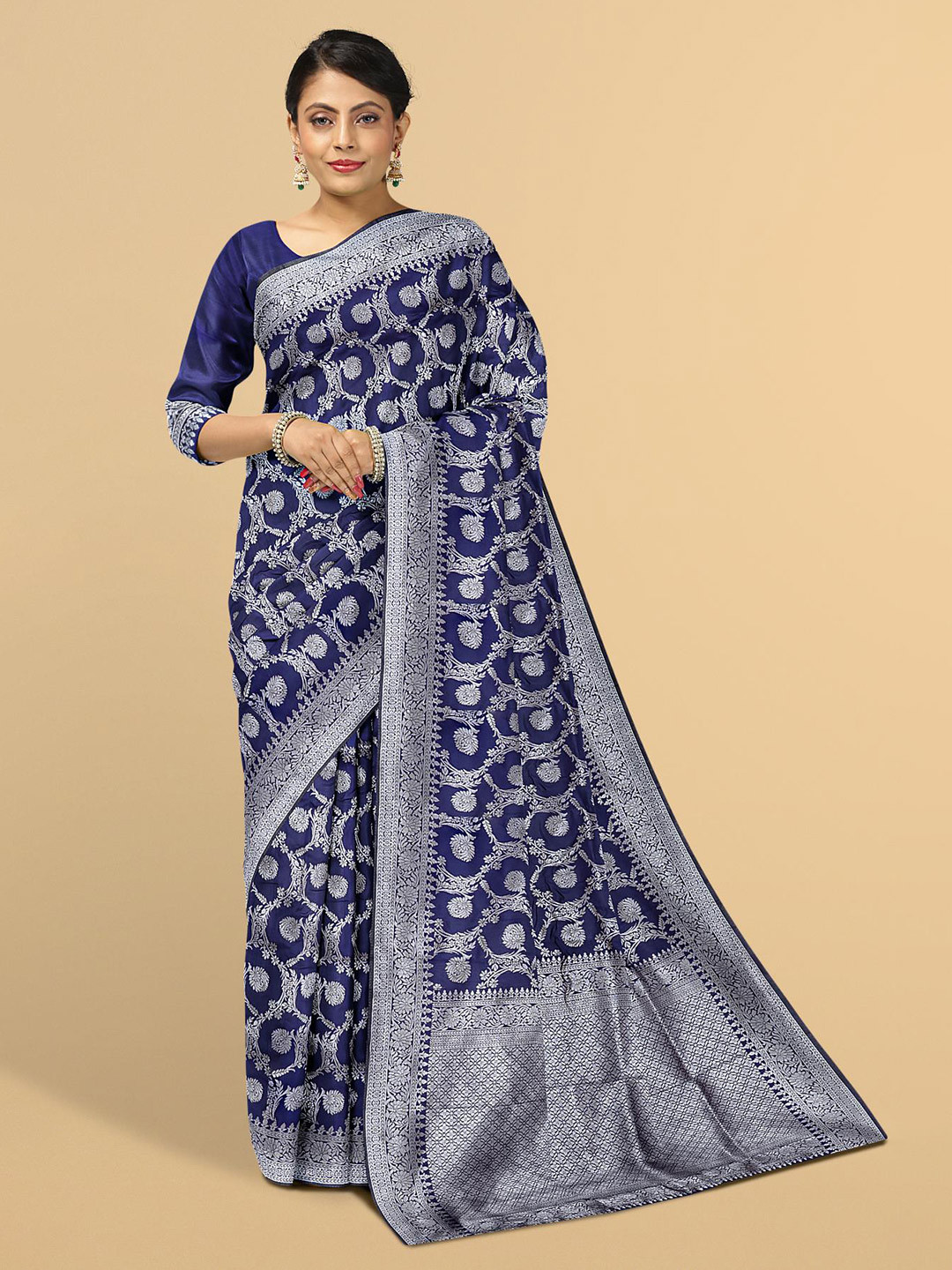 

Kalamandir Navy Blue & Silver-Toned Floral Zari Silk Blend Saree
