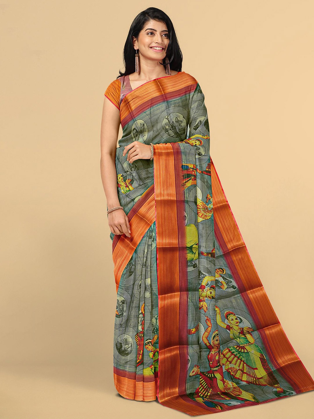 

Kalamandir Grey & Orange Ethnic Motifs Printed Tissue Saree