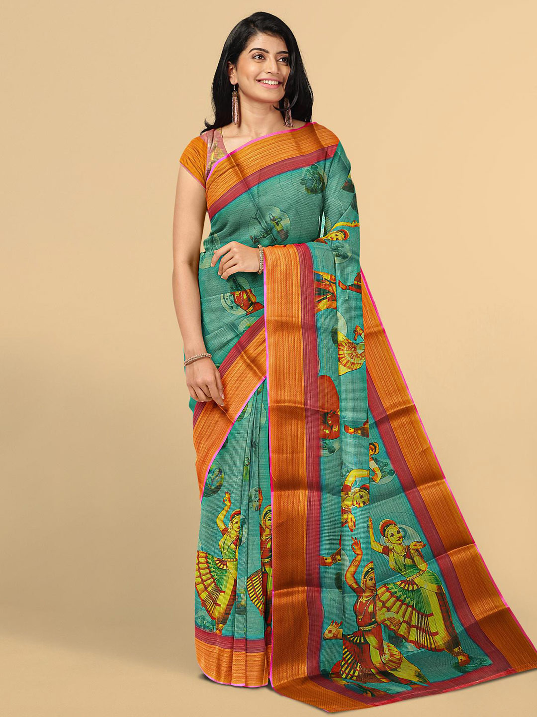 

Kalamandir Blue & Orange Ethnic Motifs Printed Tissue Saree