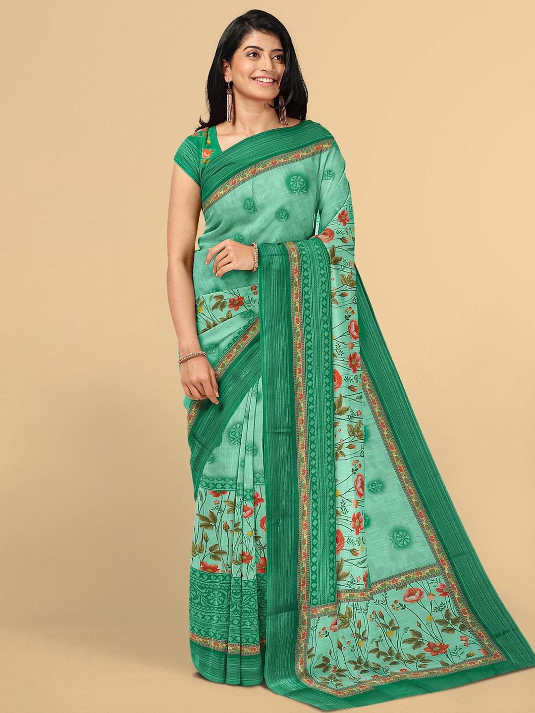 

Kalamandir Sea Green & Red Floral Printed Linen Blend Saree