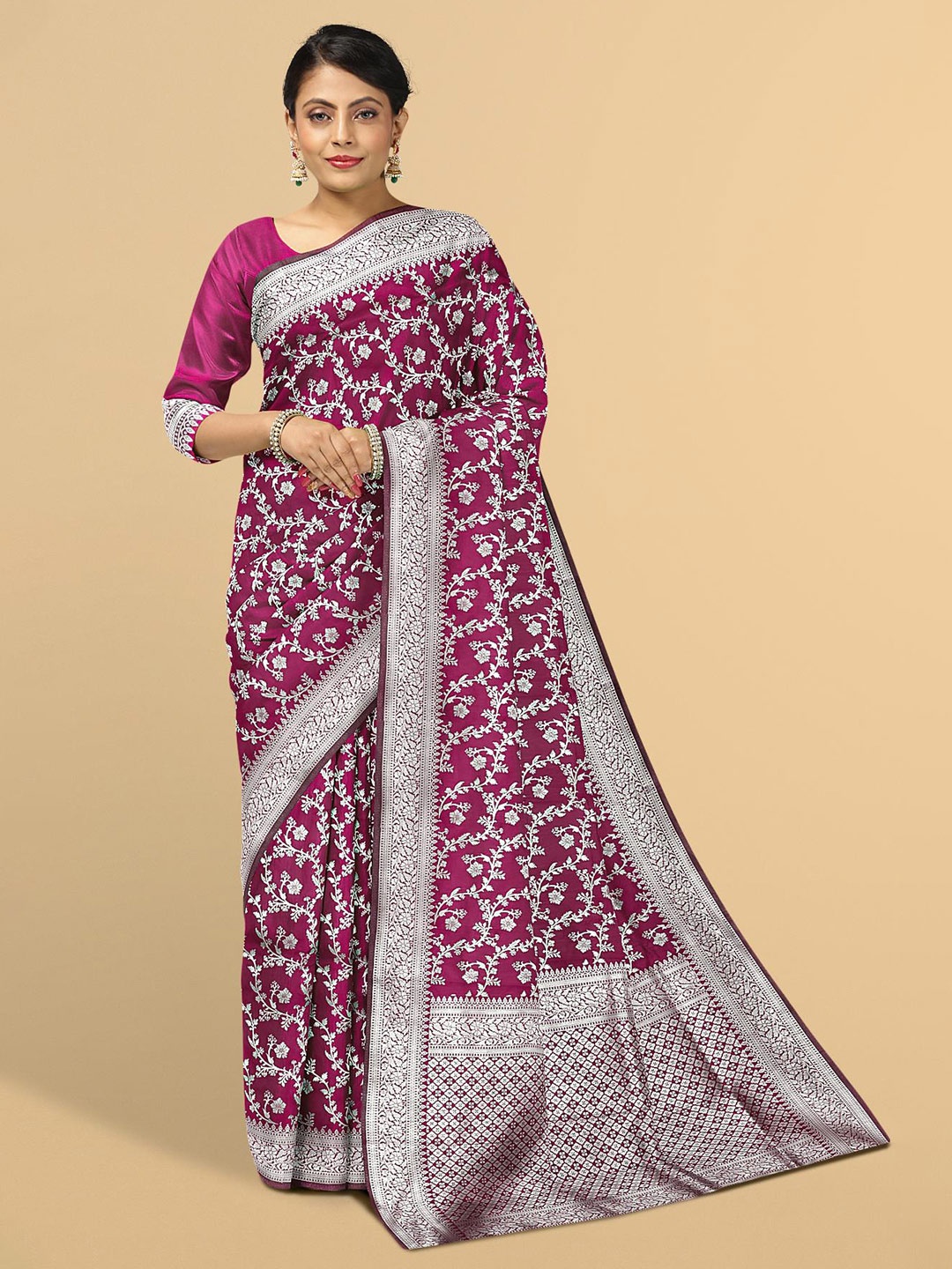 

Kalamandir Pink & Silver-Toned Floral Zari Silk Blend Saree