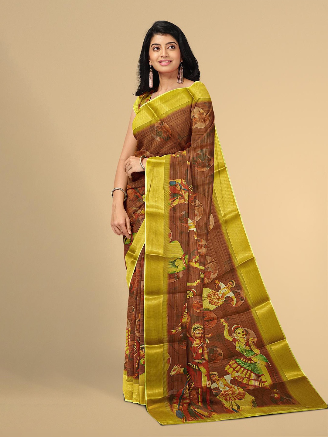 

Kalamandir Brown & Mustard Ethnic Motifs Zari Tissue Saree