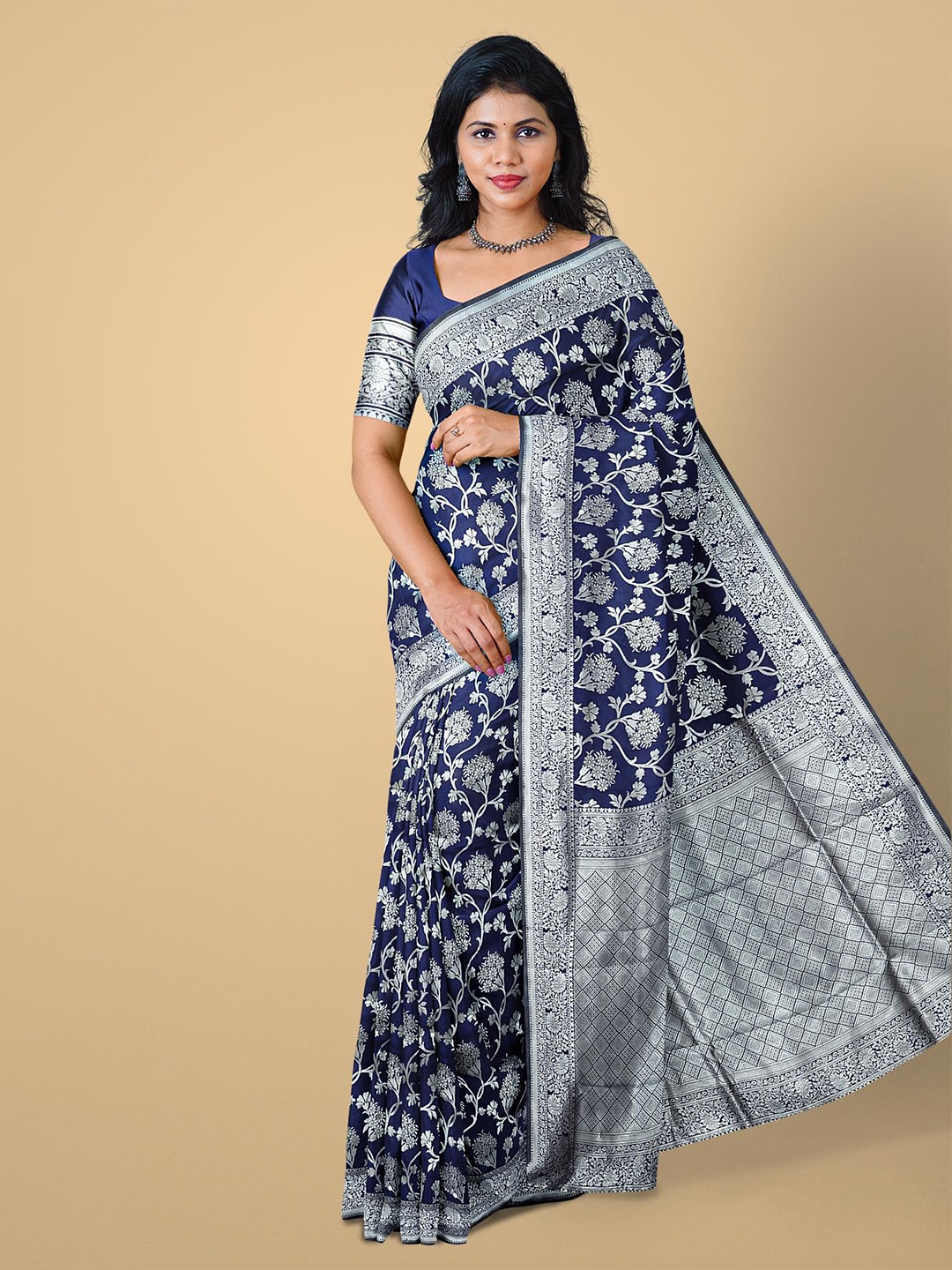 

Kalamandir Blue & Silver-Toned Floral Zari Silk Blend Saree