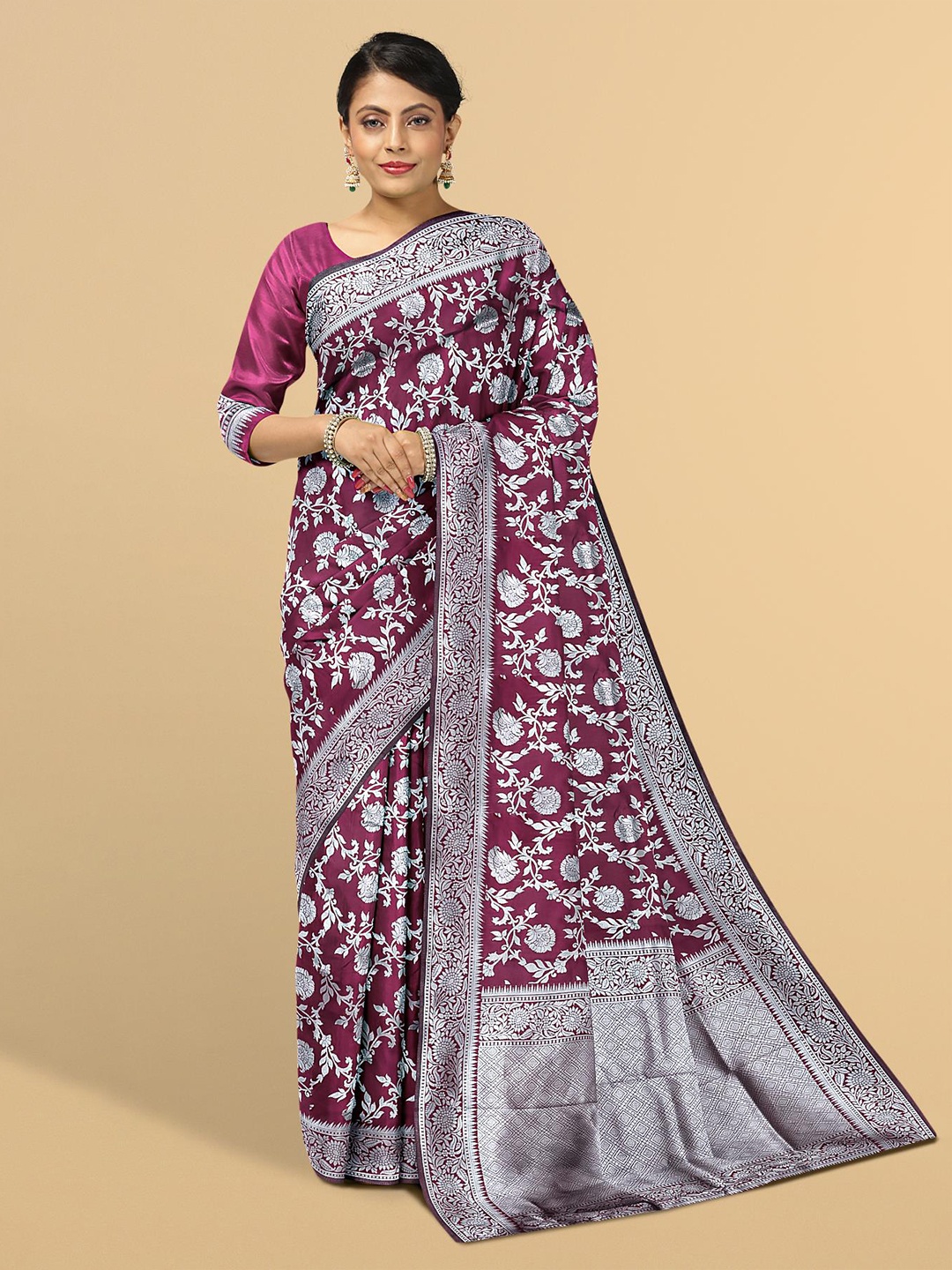 

Kalamandir Purple & Silver-Toned Floral Zari Silk Blend Saree