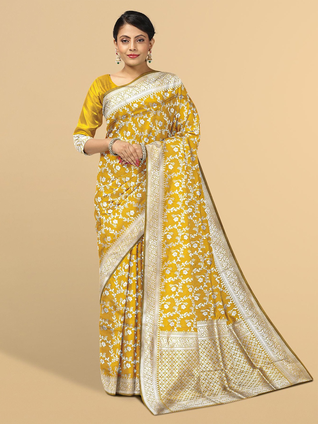 

Kalamandir Mustard & Silver-Toned Floral Zari Silk Blend Saree