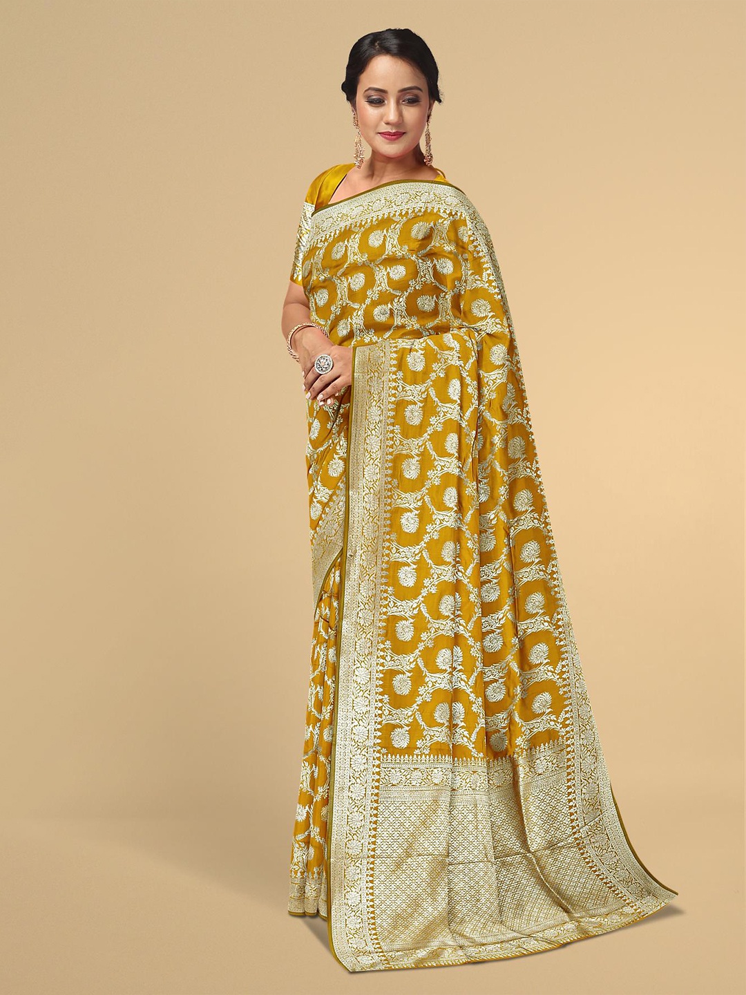 

Kalamandir Mustard & Silver-Toned Floral Zari Silk Blend Saree