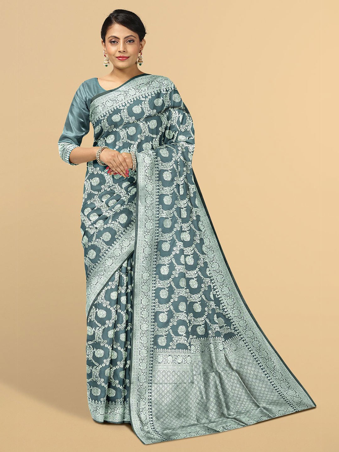 

Kalamandir Grey & Silver-Toned Floral Zari Silk Blend Saree