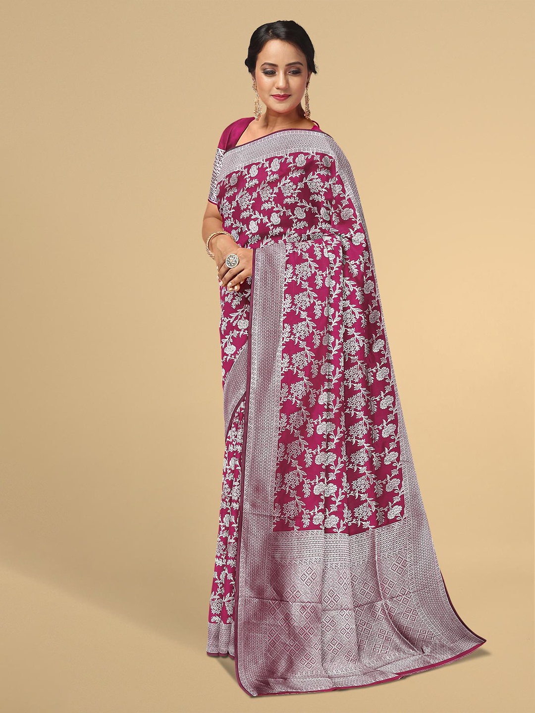 

Kalamandir Pink & Silver-Toned Floral Zari Silk Blend Saree