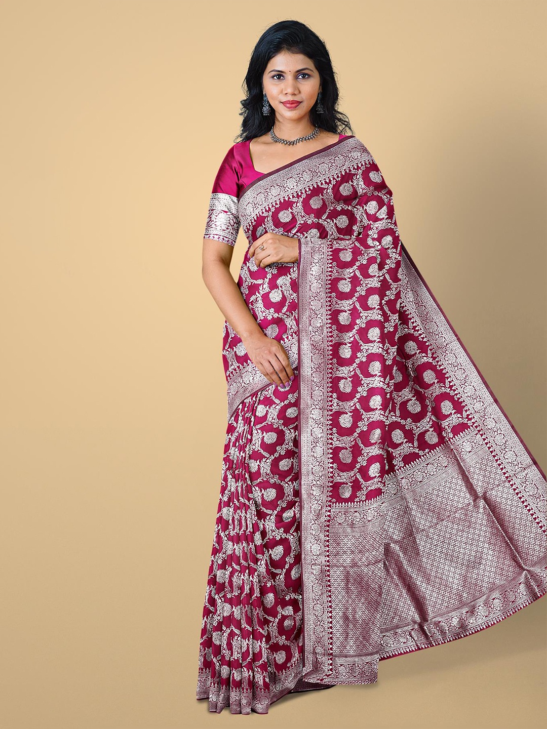 

Kalamandir Pink & Silver-Toned Floral Zari Silk Blend Saree