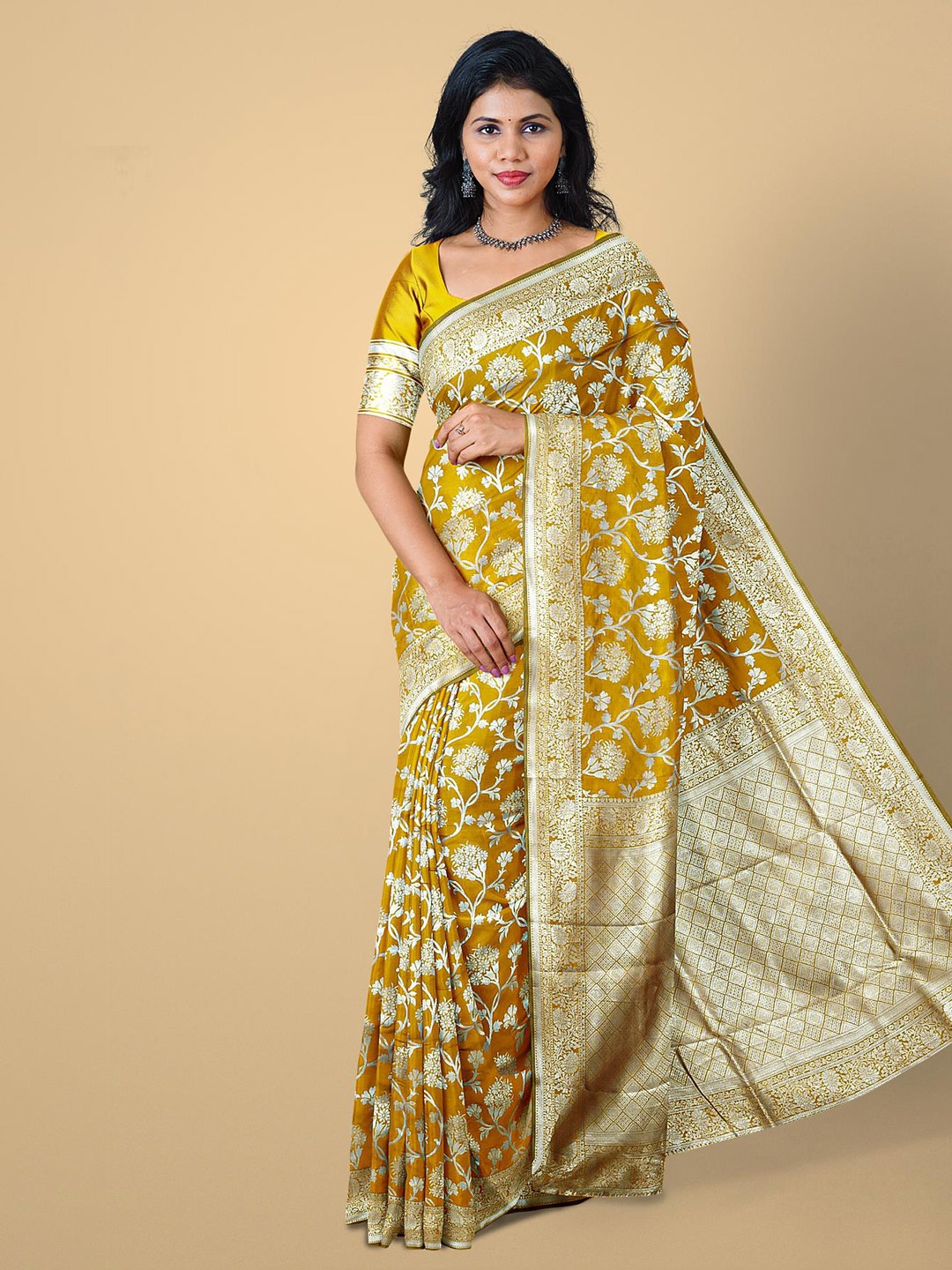 

Kalamandir Mustard & Gold-Toned Floral Zari Silk Blend Saree