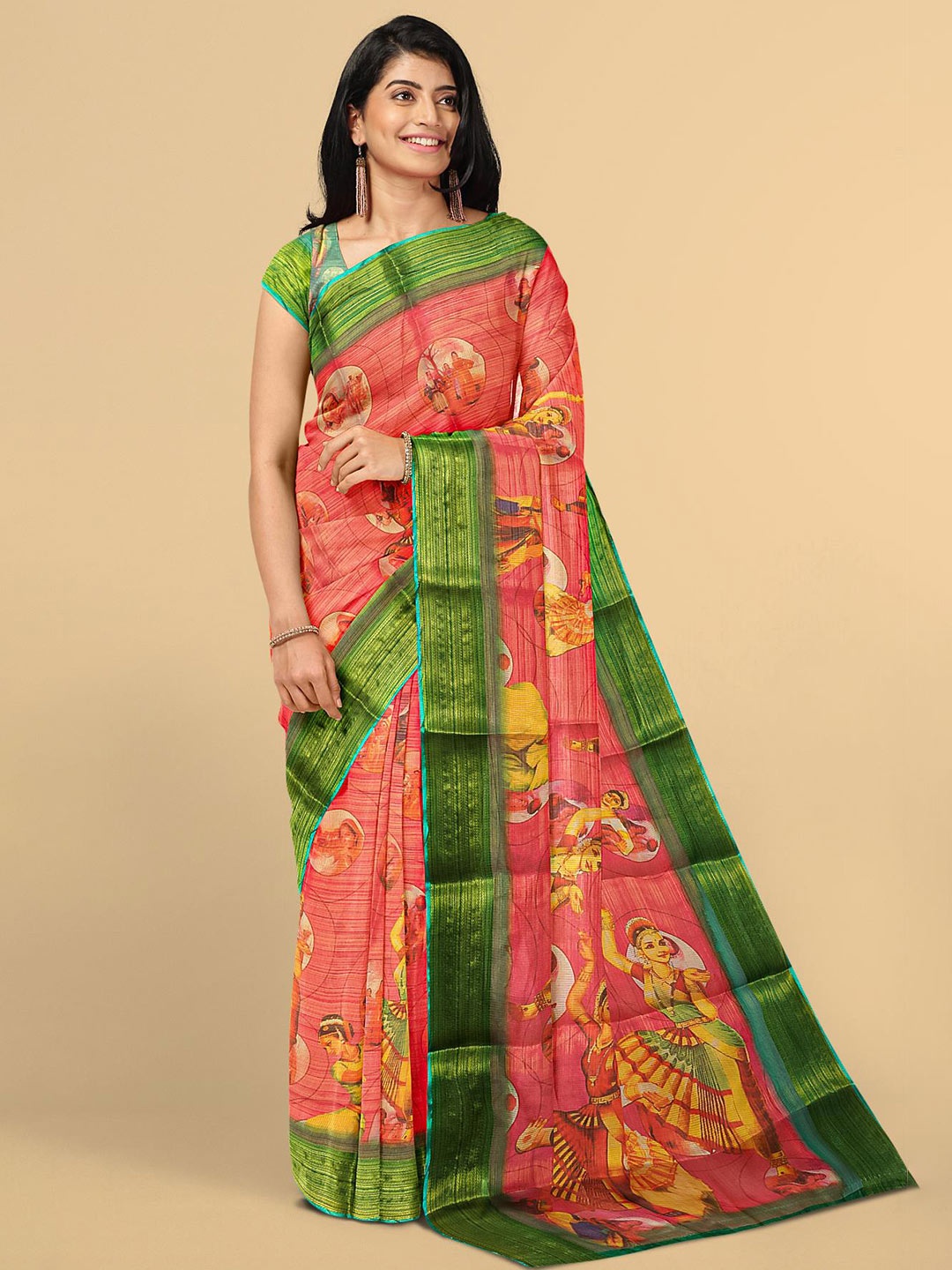 

Kalamandir Pink & Green Ethnic Motifs Zari Tissue Saree