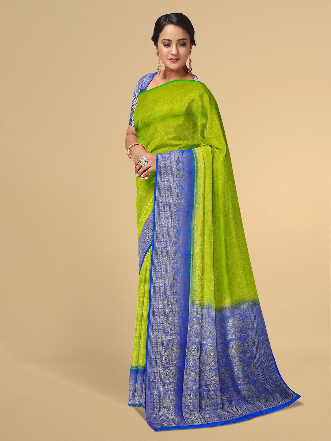 

Kalamandir Green & Blue Floral Zari Silk Blend Saree