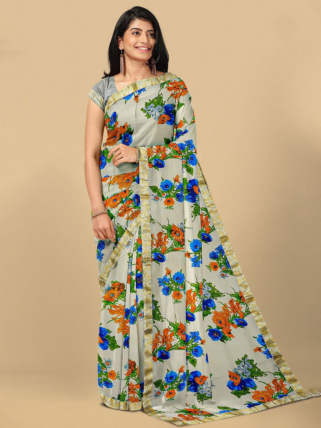 

Kalamandir Grey & Blue Floral Printed Poly Georgette Saree