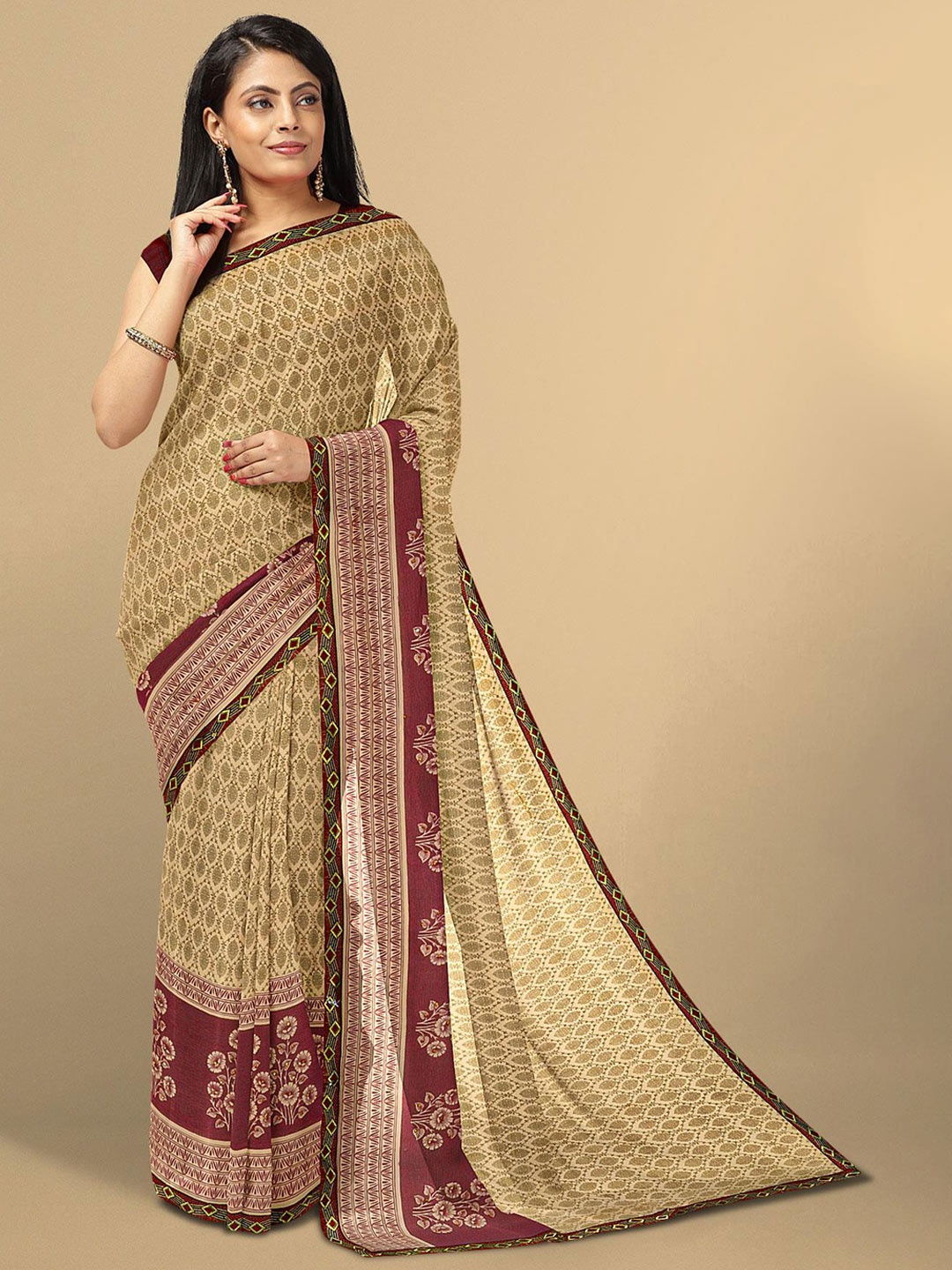 

Kalamandir Beige & Maroon Ethnic Motifs Silk Blend Saree