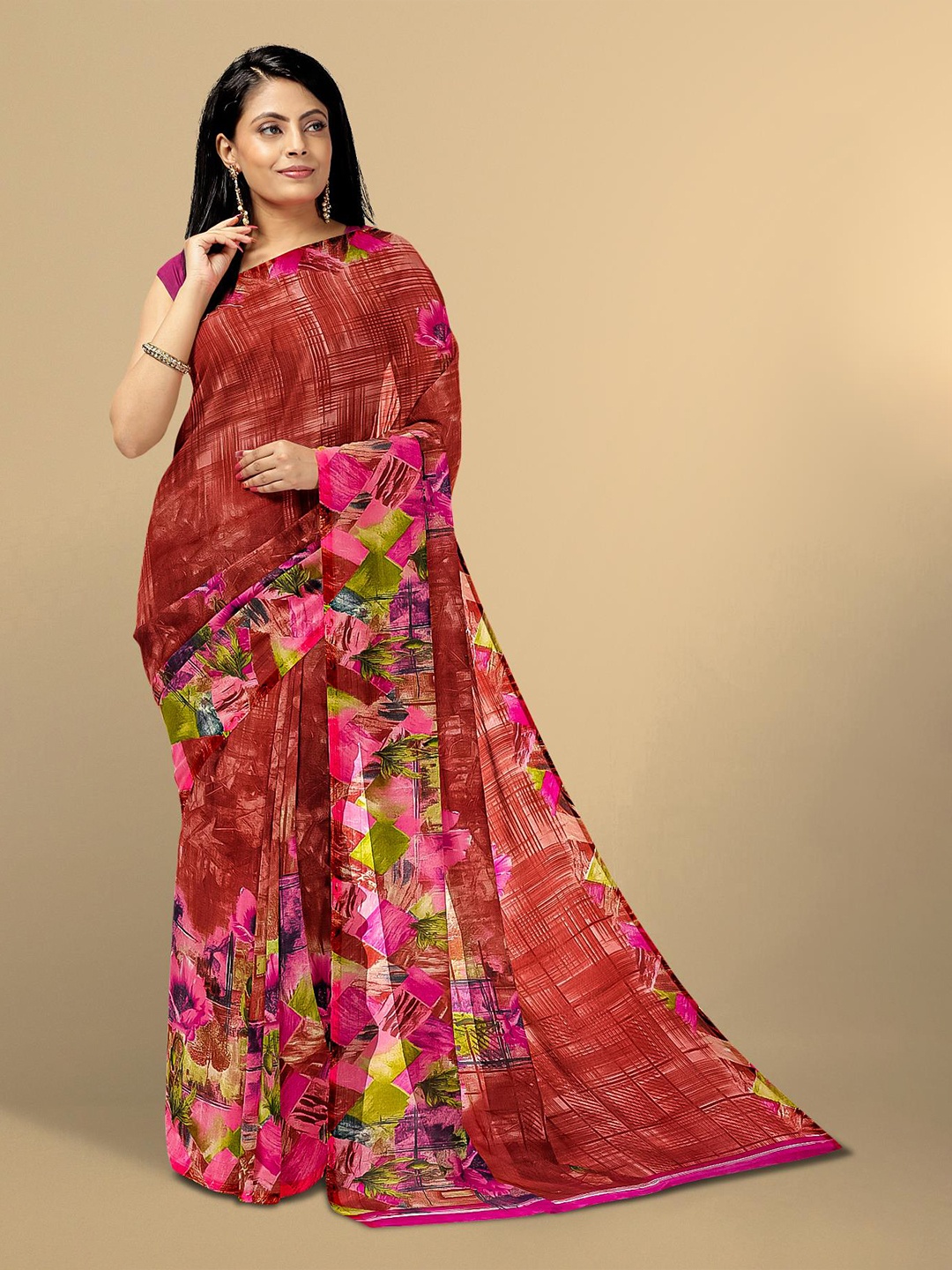 

Kalamandir Brown & Pink Floral Saree