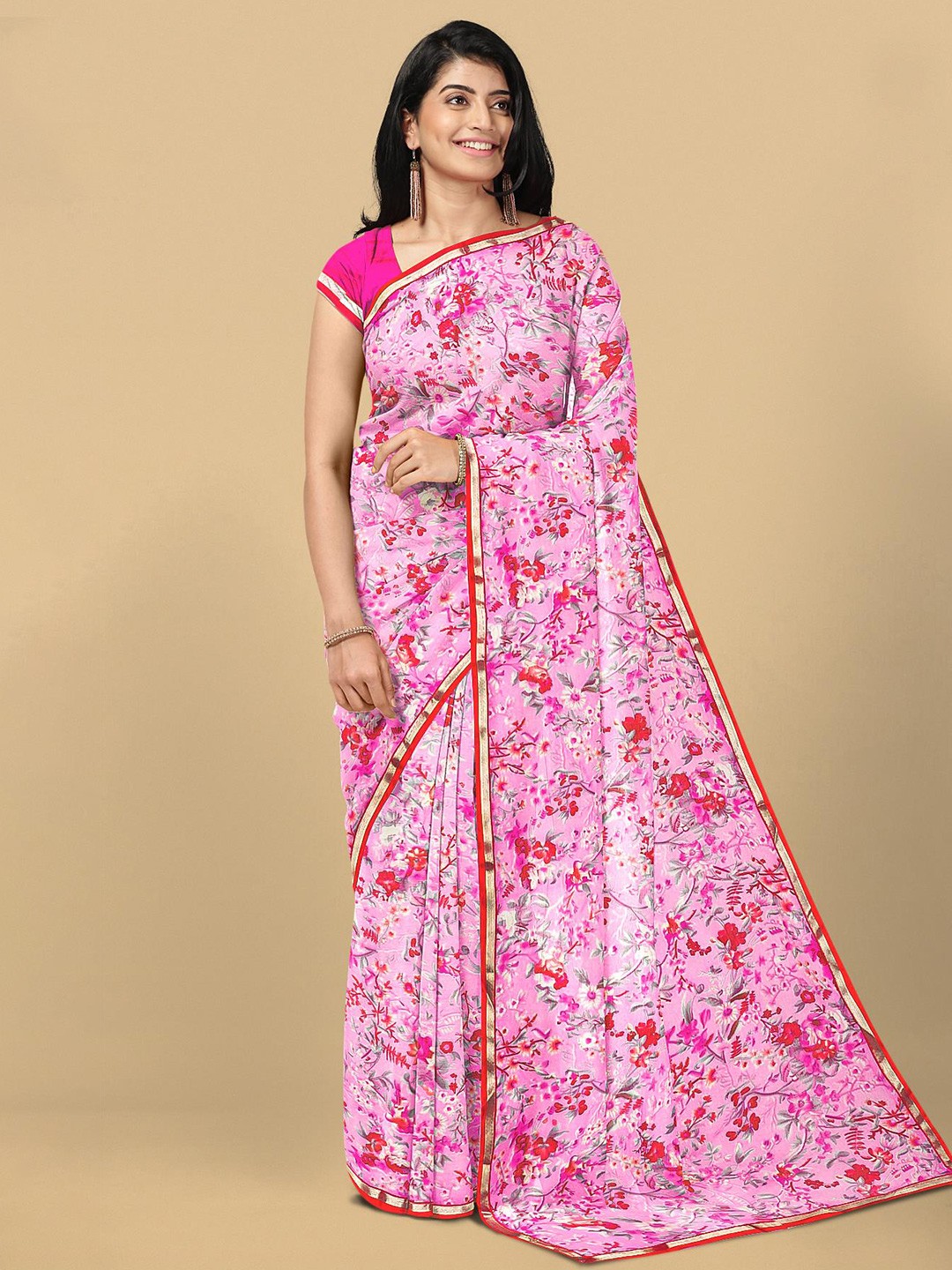 

Kalamandir Pink & Red Floral Zari Silk Blend Saree