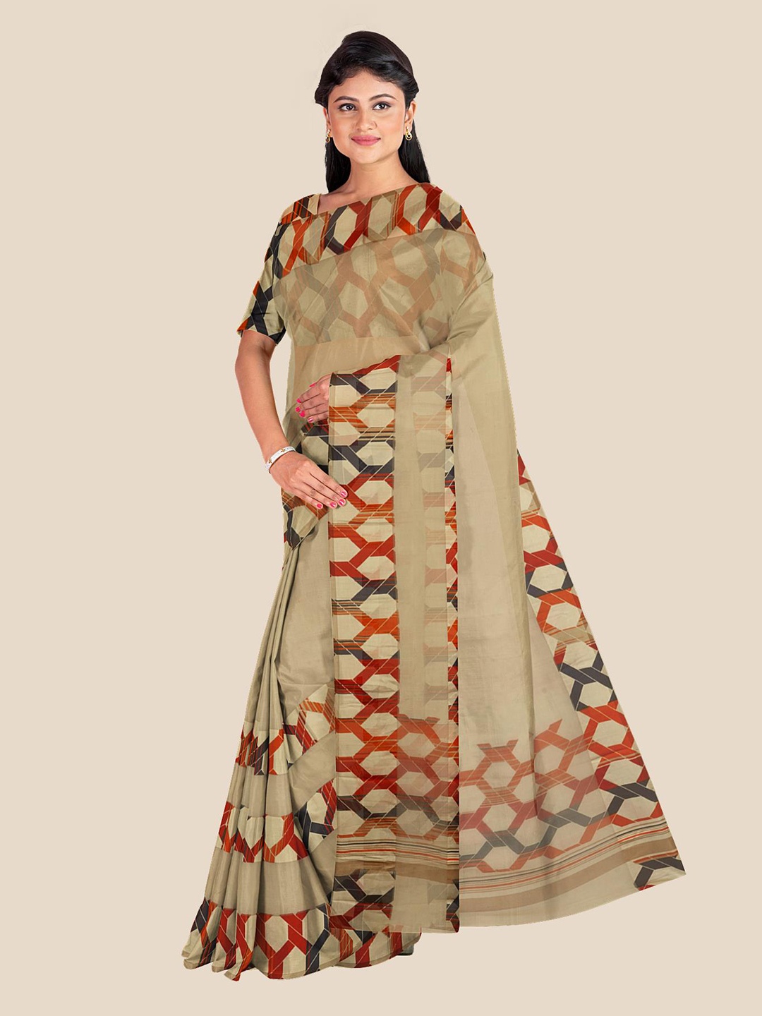 

Kalamandir Beige & Orange Printed Saree