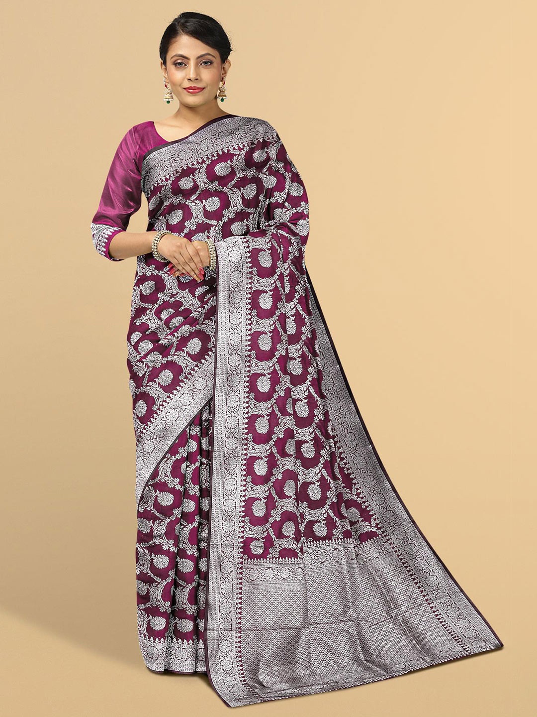 

Kalamandir Purple & Silver-Toned Floral Zari Silk Blend Saree