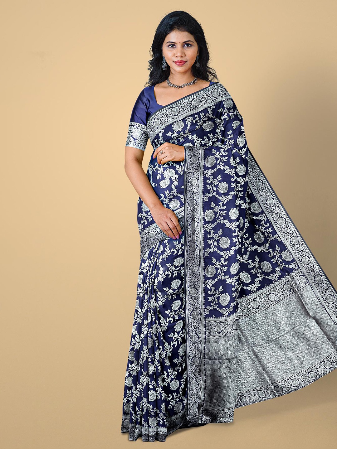 

Kalamandir Navy Blue & Silver-Toned Woven Design Zari Silk Blend Saree