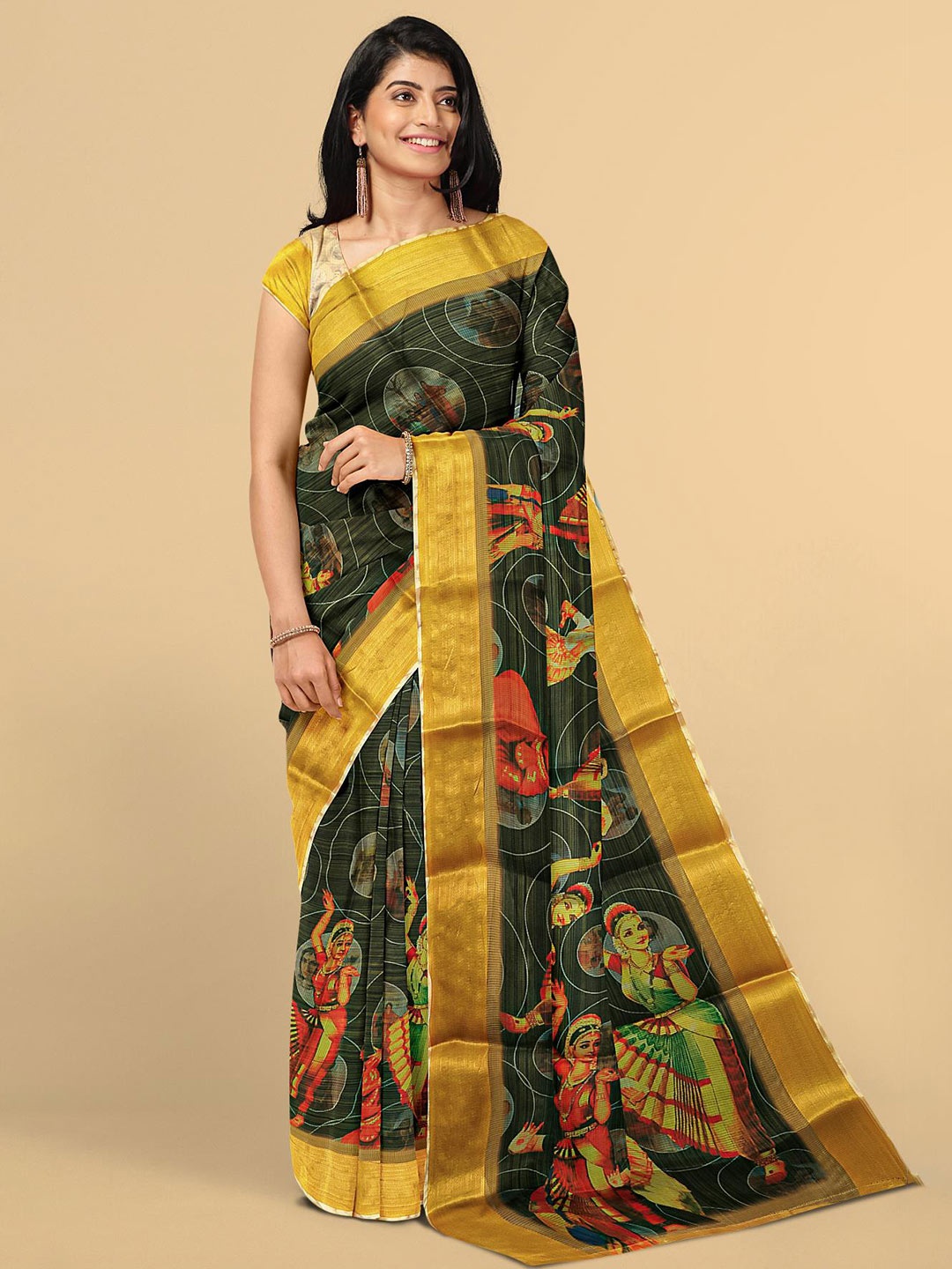 

Kalamandir Black & Gold-Toned Ethnic Motifs Zari Tissue Saree