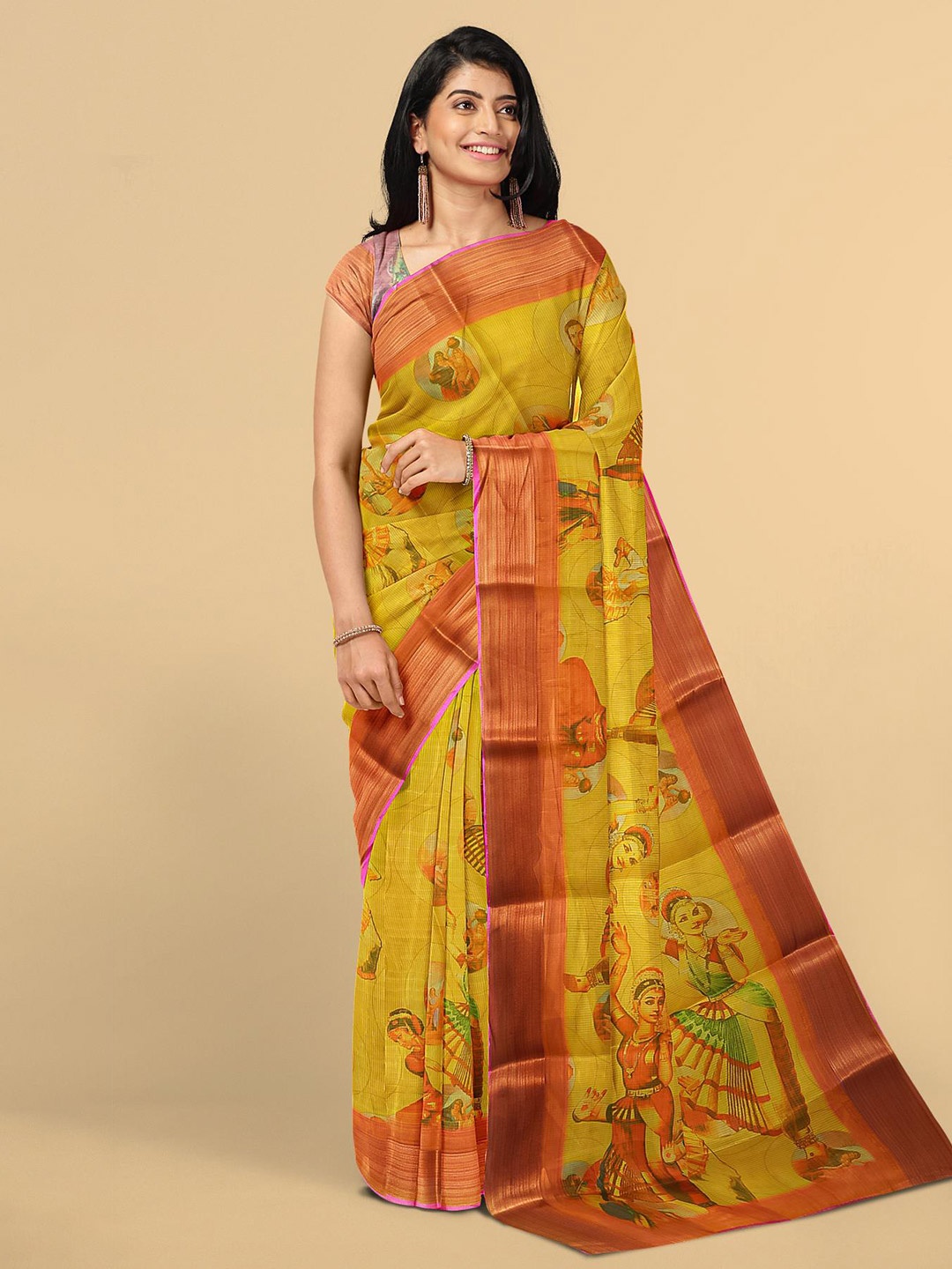 

Kalamandir Yellow & Green Ethnic Motifs Printed Tissue Saree