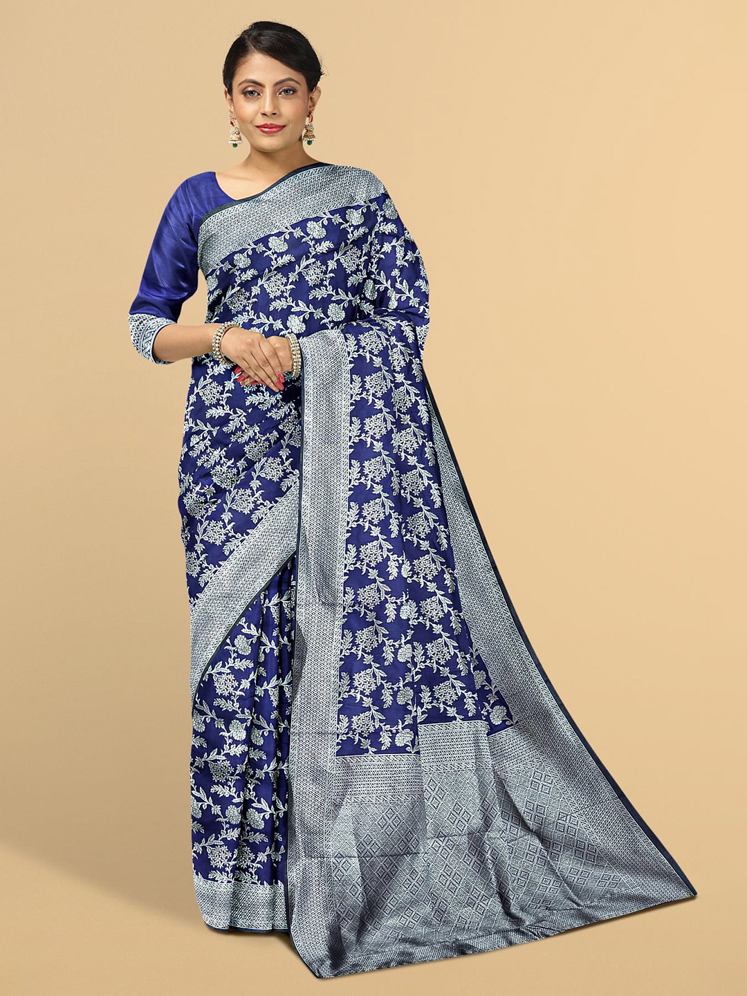 

Kalamandir Blue & Silver-Toned Floral Zari Silk Blend Saree