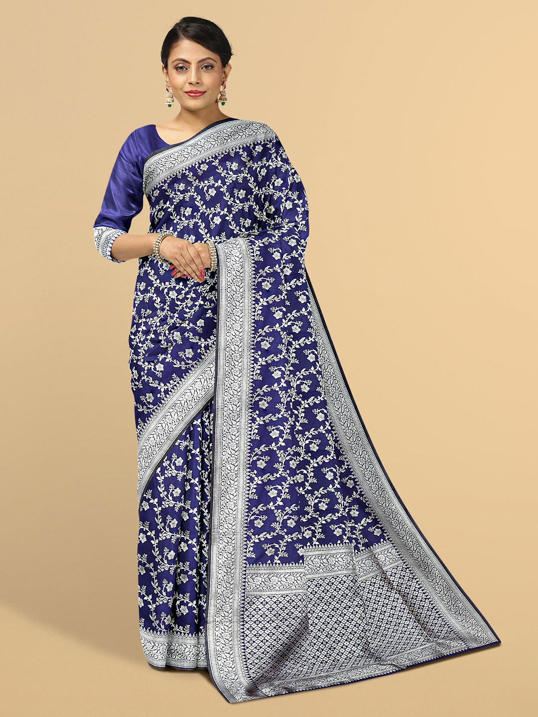 

Kalamandir Blue & Silver-Toned Floral Zari Silk Blend Saree