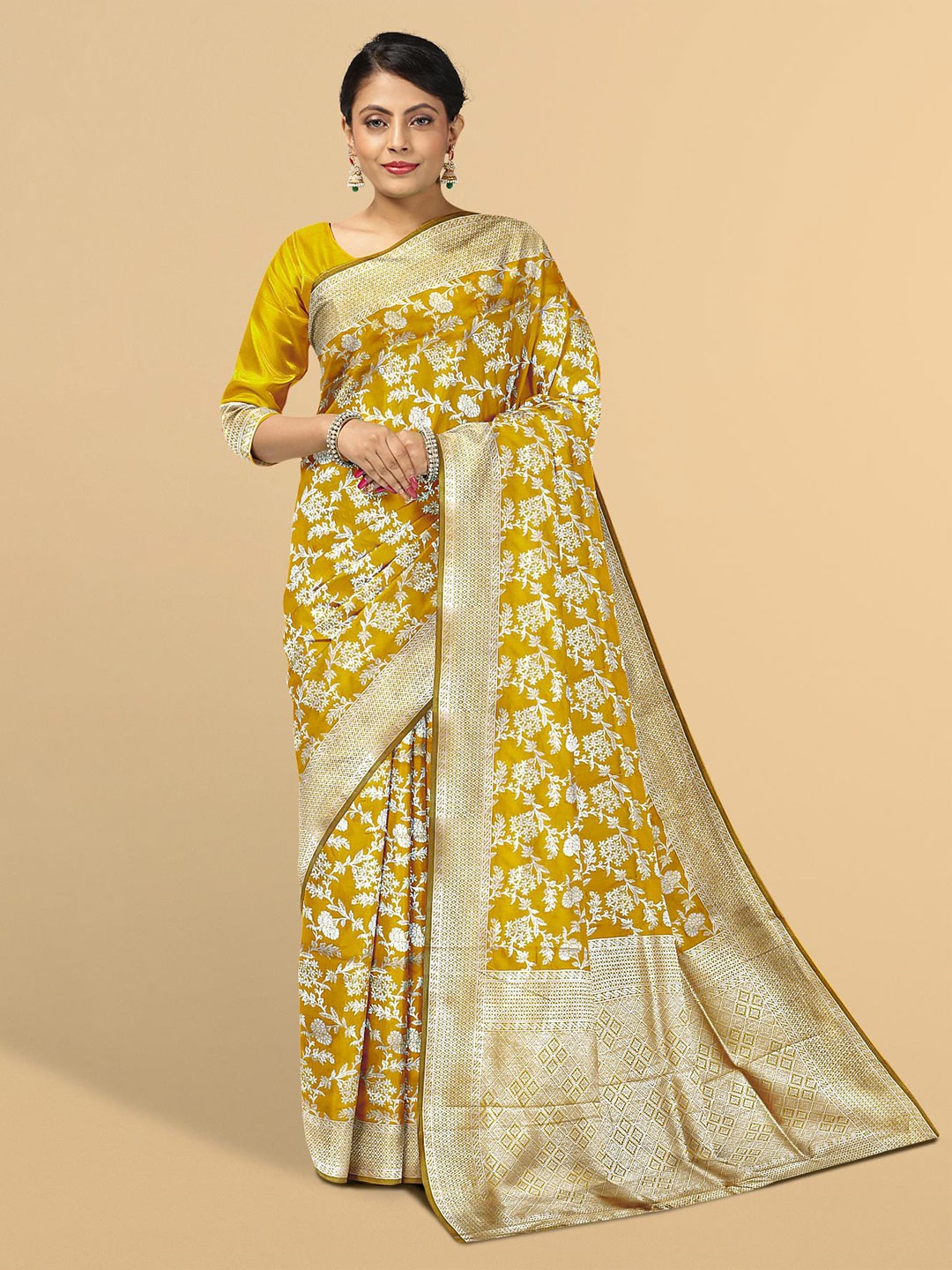 

Kalamandir Mustard & Gold-Toned Floral Zari Silk Blend Saree