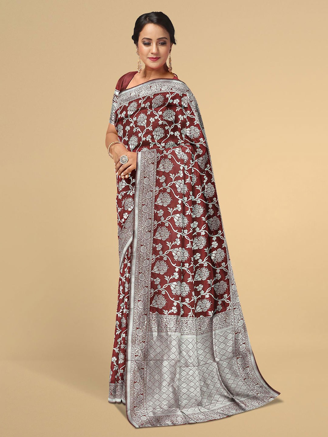 

Kalamandir Maroon & Silver-Toned Floral Zari Silk Blend Saree