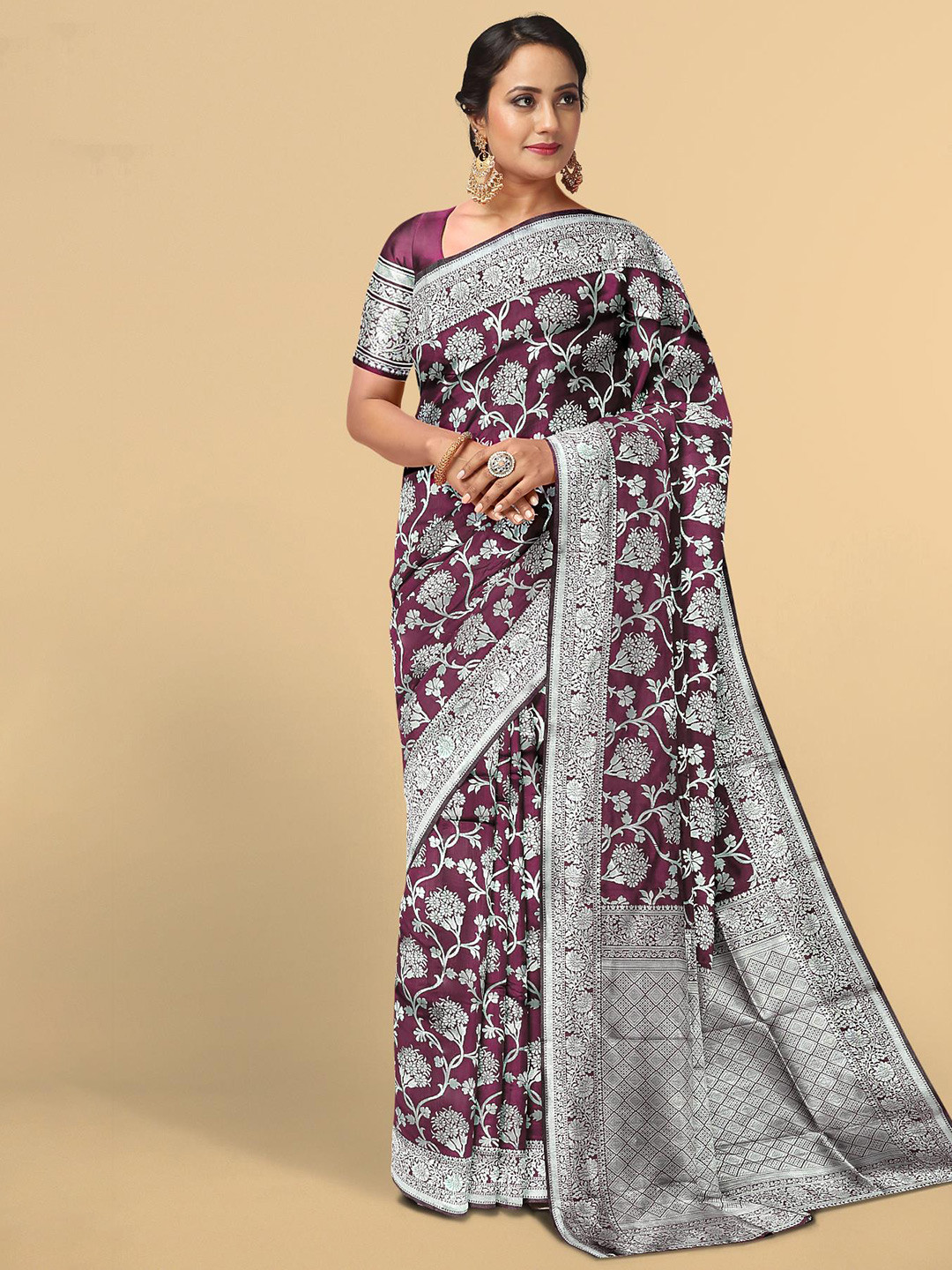 

Kalamandir Purple & Silver-Toned Floral Woven Design Zari Silk Blend Saree