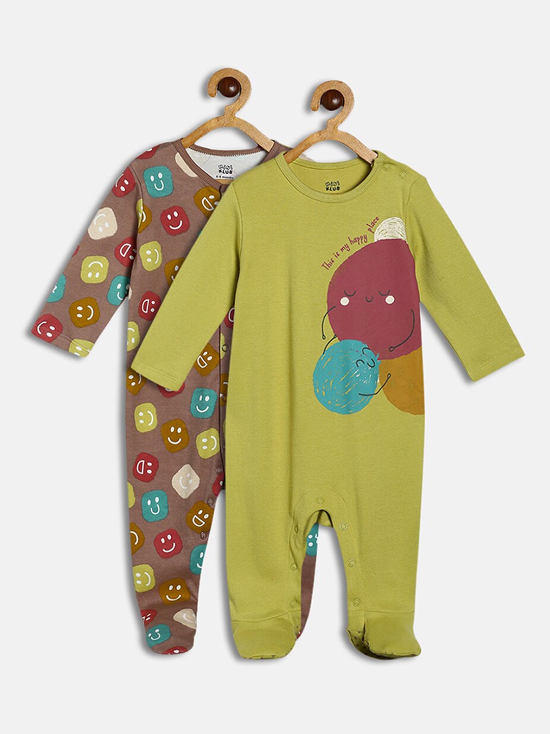 

MINI KLUB Infants Green & Brown Pack Of 2 Printed Pure Cotton Sleepsuit