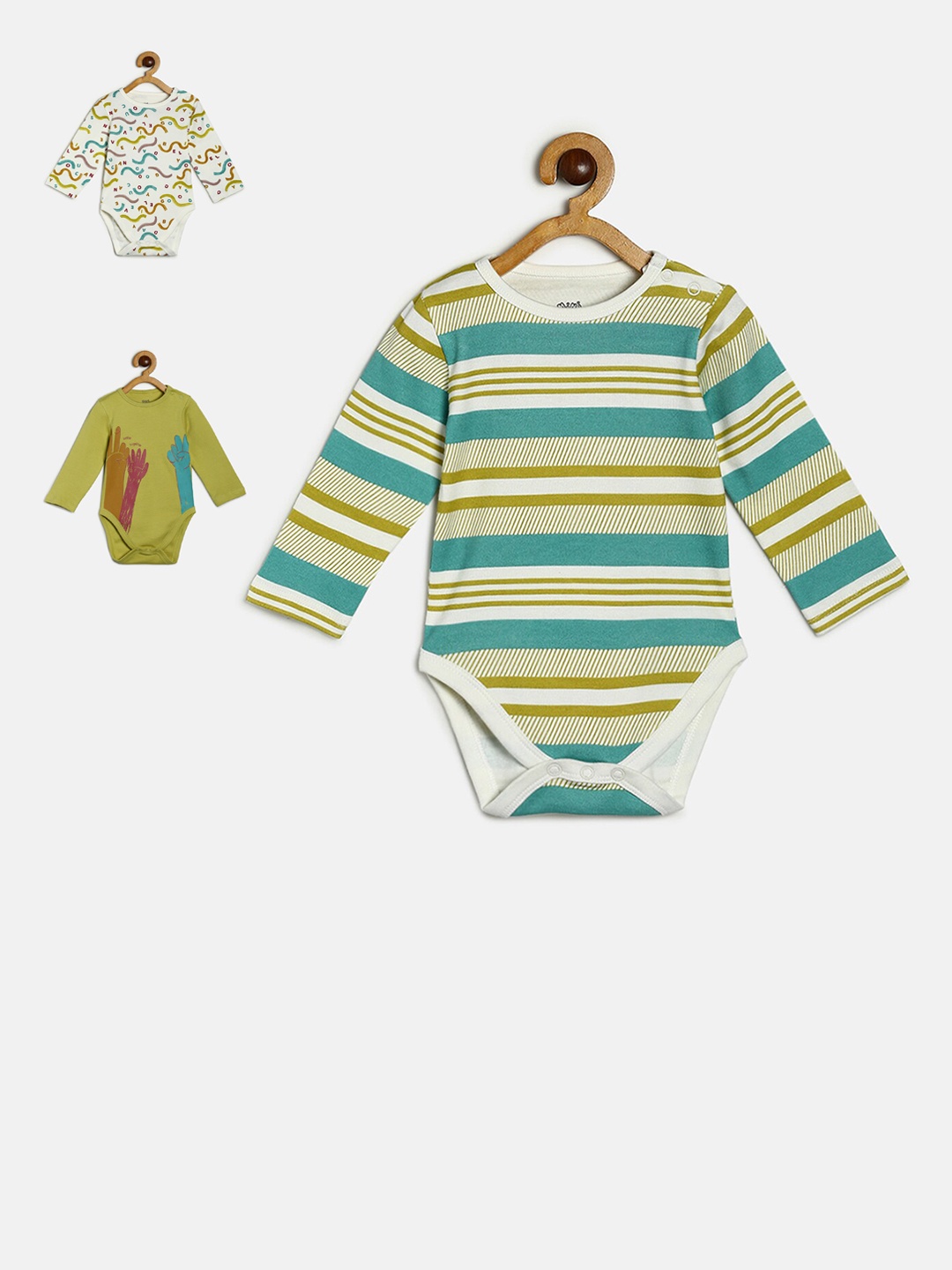 

MINI KLUB Infant Boys Pack Of 3 Printed Pure Cotton Bodysuit, Green