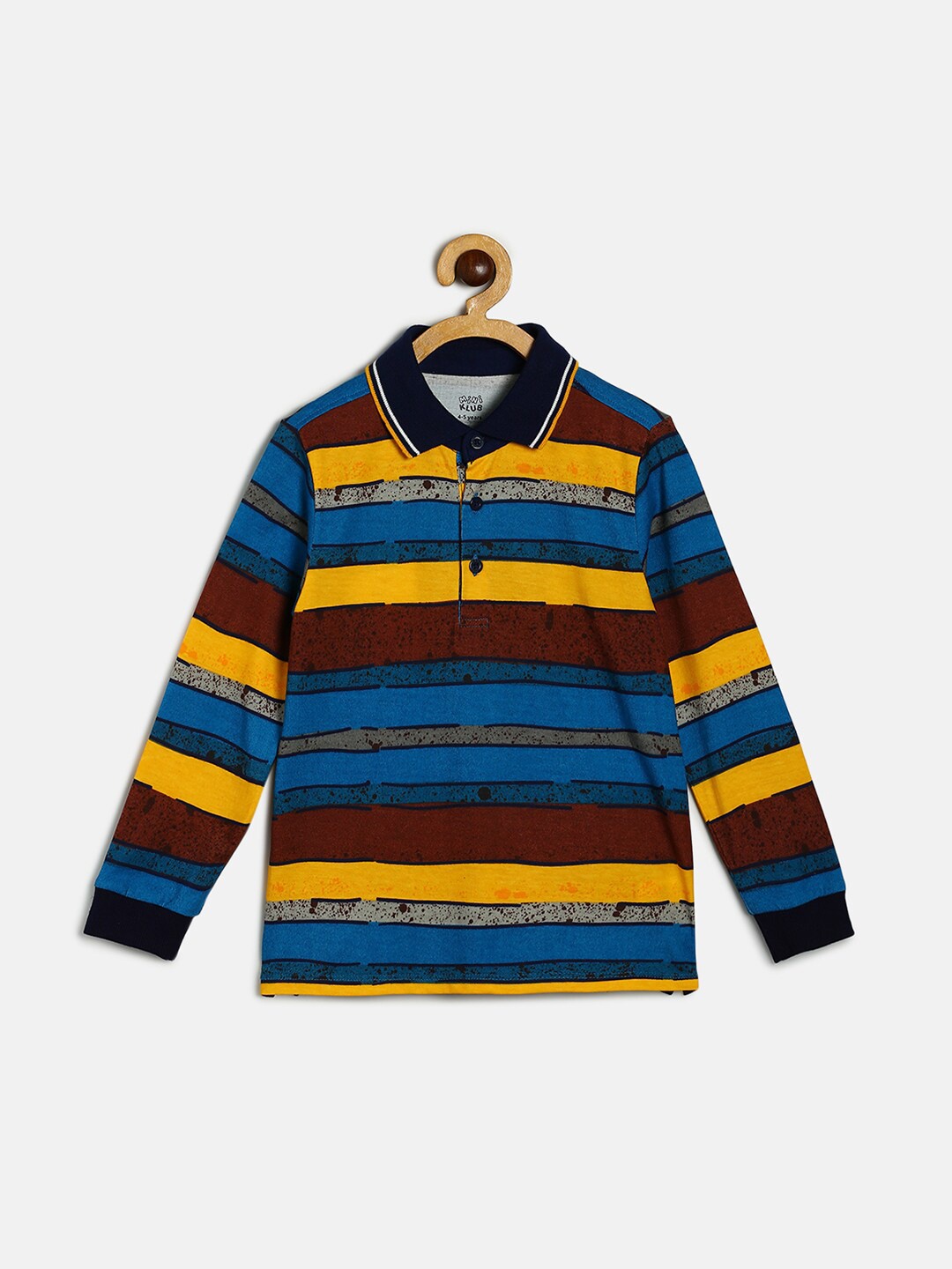 

MINI KLUB Boys Blue & Maroon Striped Polo Collar Organic Cotton T-shirt