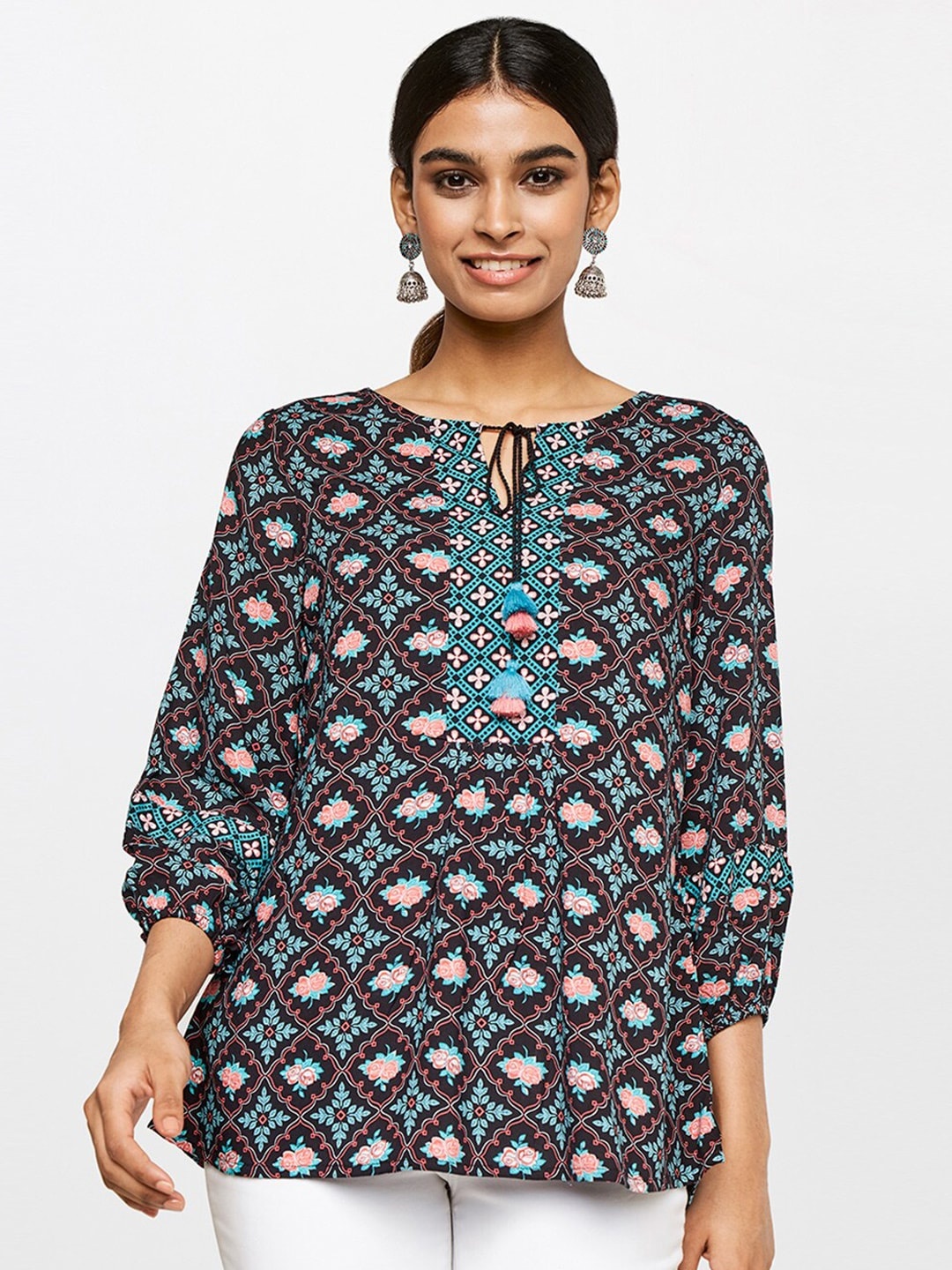 

Global Desi Women Black & Blue Floral Print Top