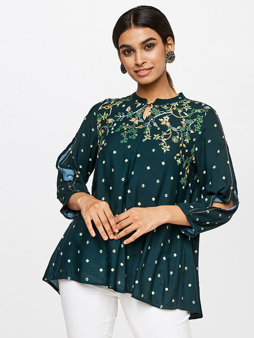

Global Desi Green Floral Print Keyhole Neck Top