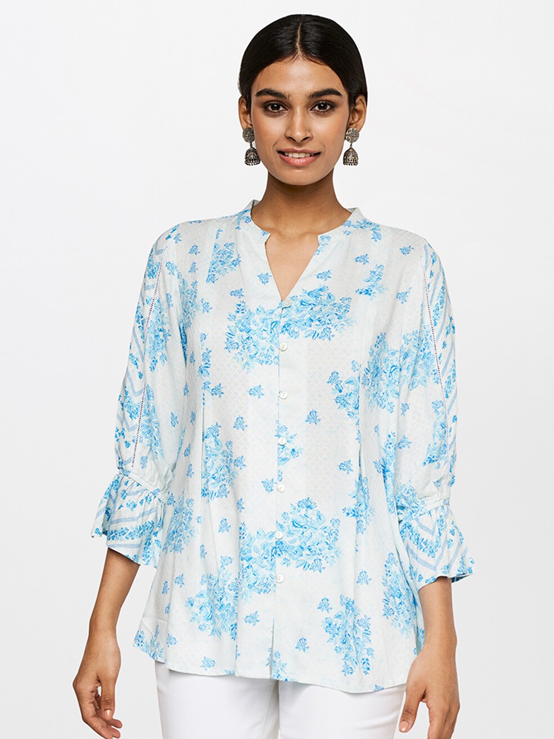 

Global Desi Blue Floral Print Mandarin Collar Top