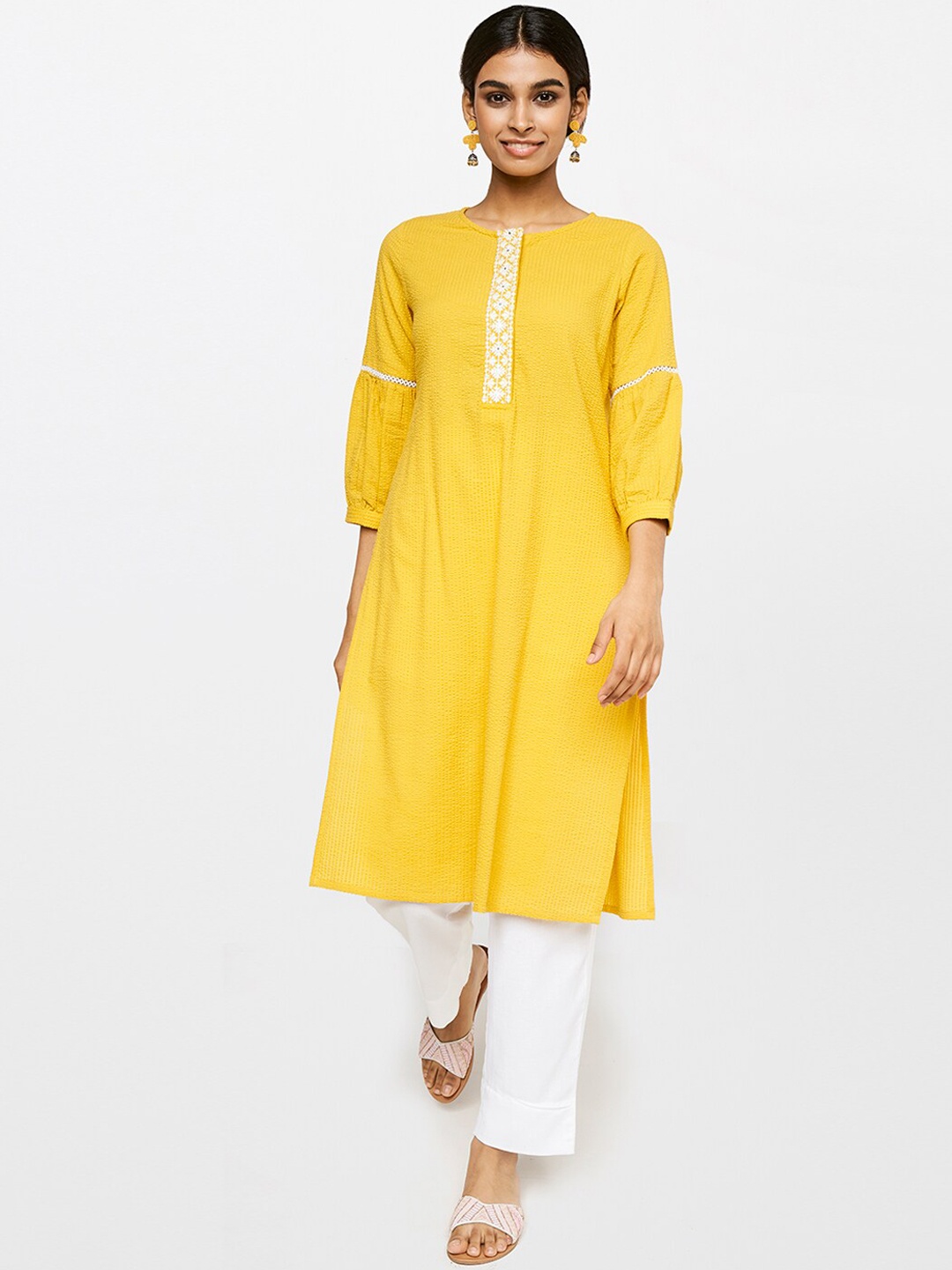 

Global Desi Women Mustard Yellow Striped Pure Cotton Kurta