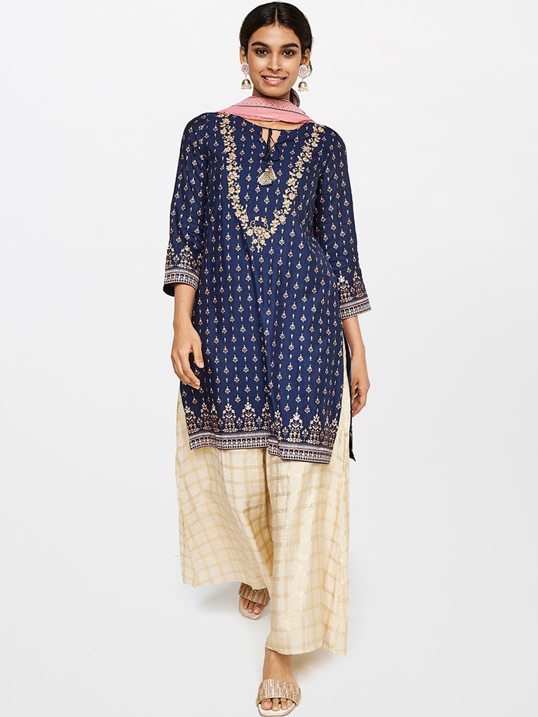 

Global Desi Navy Blue Embroidered Kurta with Palazzos & With Dupatta