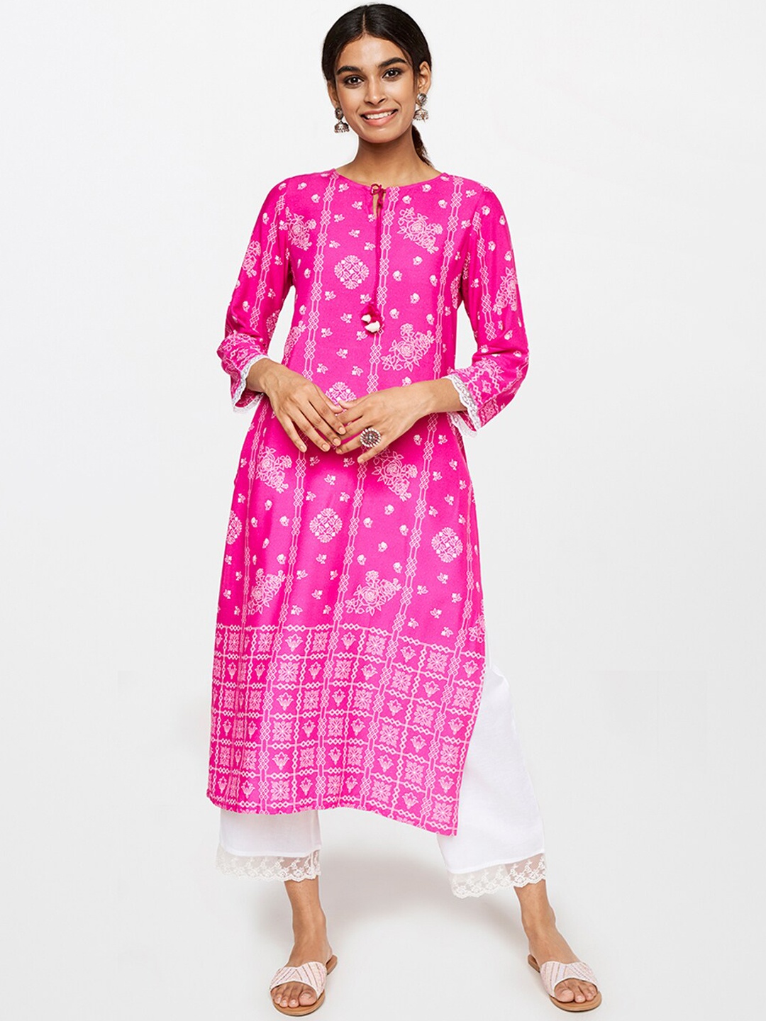

Global Desi Women Pink Ethnic Motifs Printed Gotta Patti Anarkali Kurta