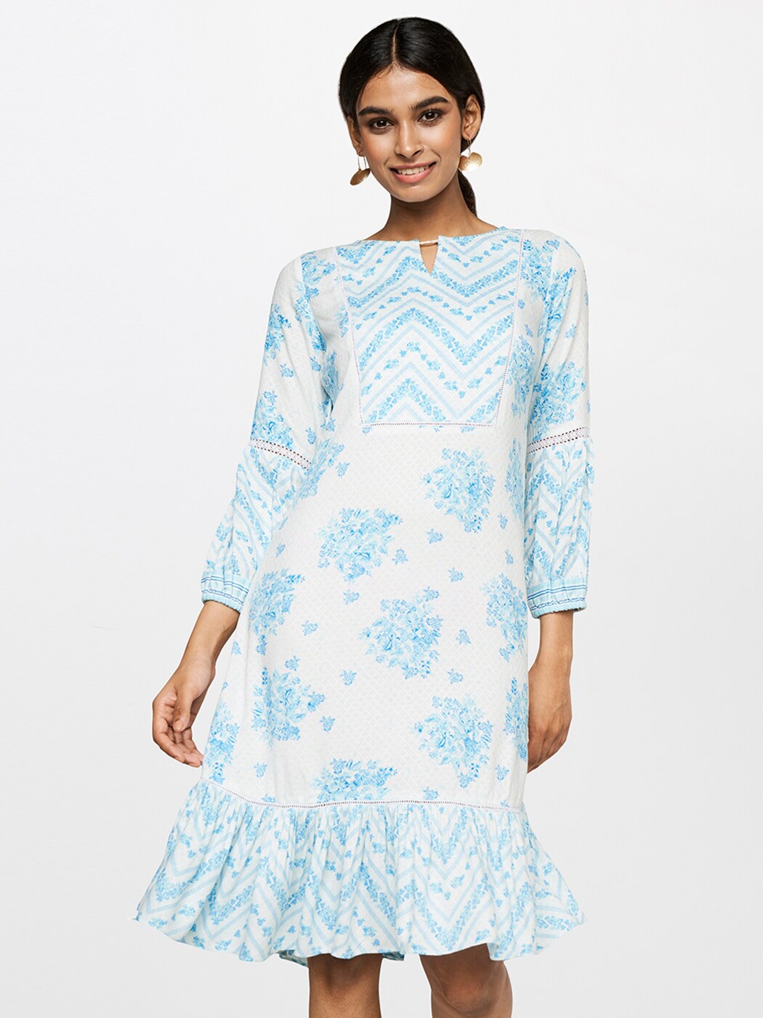 

Global Desi Blue Floral Keyhole Neck A-Line Dress