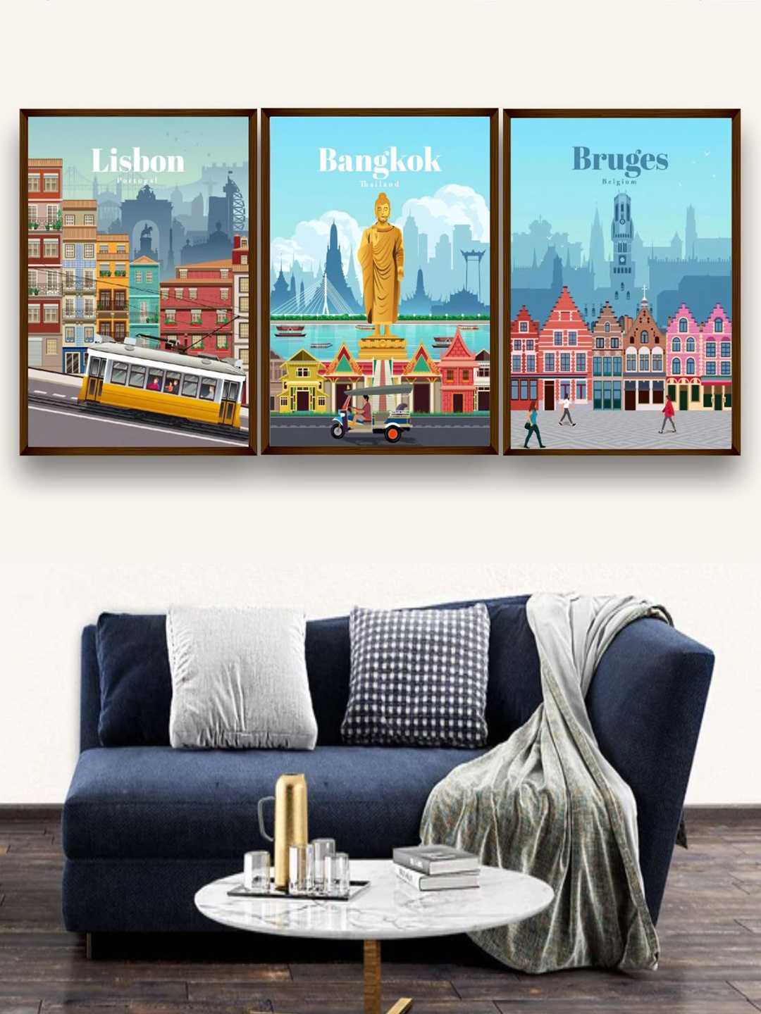 

The Art House Set Of 3 Blue & Yellow Abstract Painting Wall Art