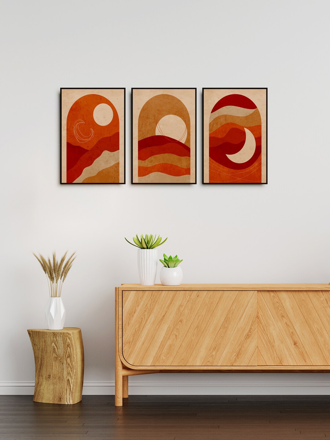 

999Store Set Of 3 Brown Abstract Framed Wall Painting