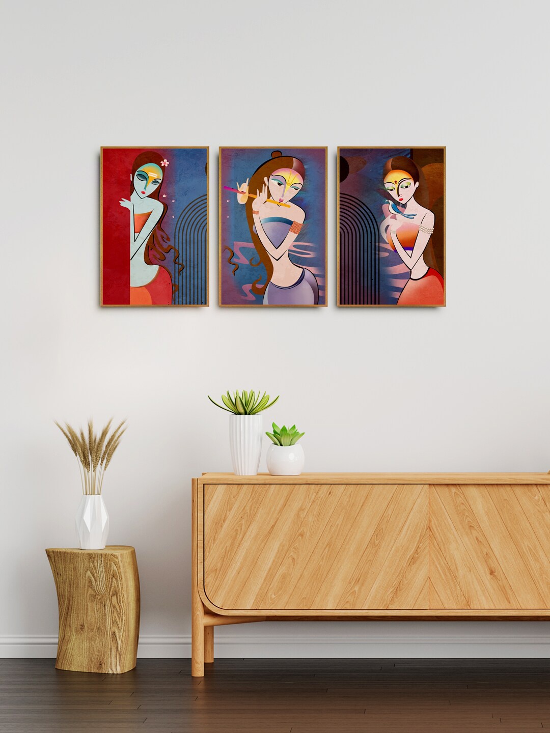 

999Store Set Of 3 Blue & Red Radha Krishna Painting Wall Painting