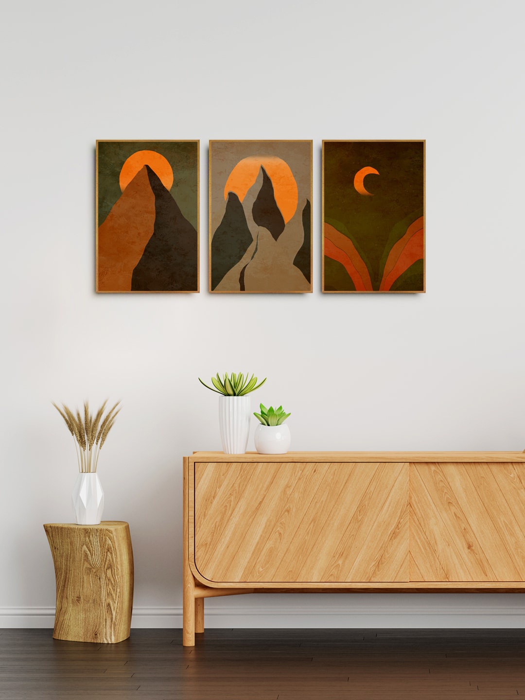 

999Store Set Of 3 Brown & Orange Printed Framed Wall Art