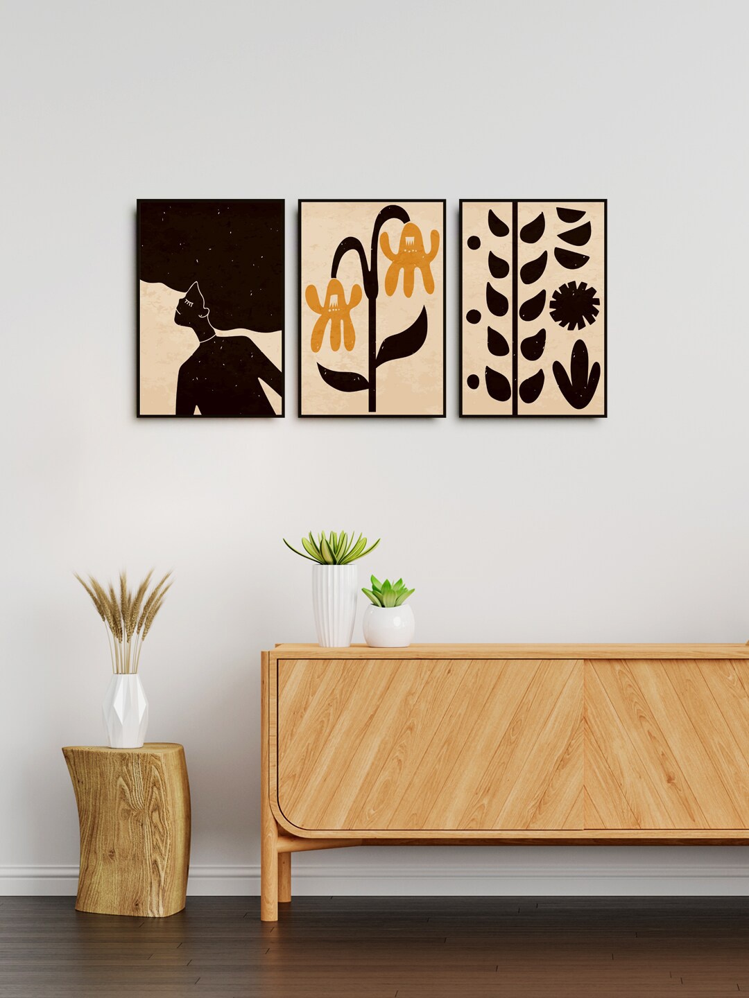 

999Store Set Of 3 Brown & Beige Colored Abstract Wall Art