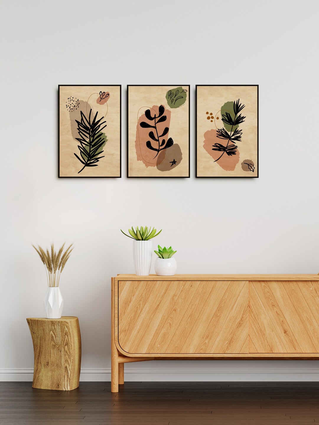 

999Store Set Of 3 Brown & Black Plant Painting Wall Art