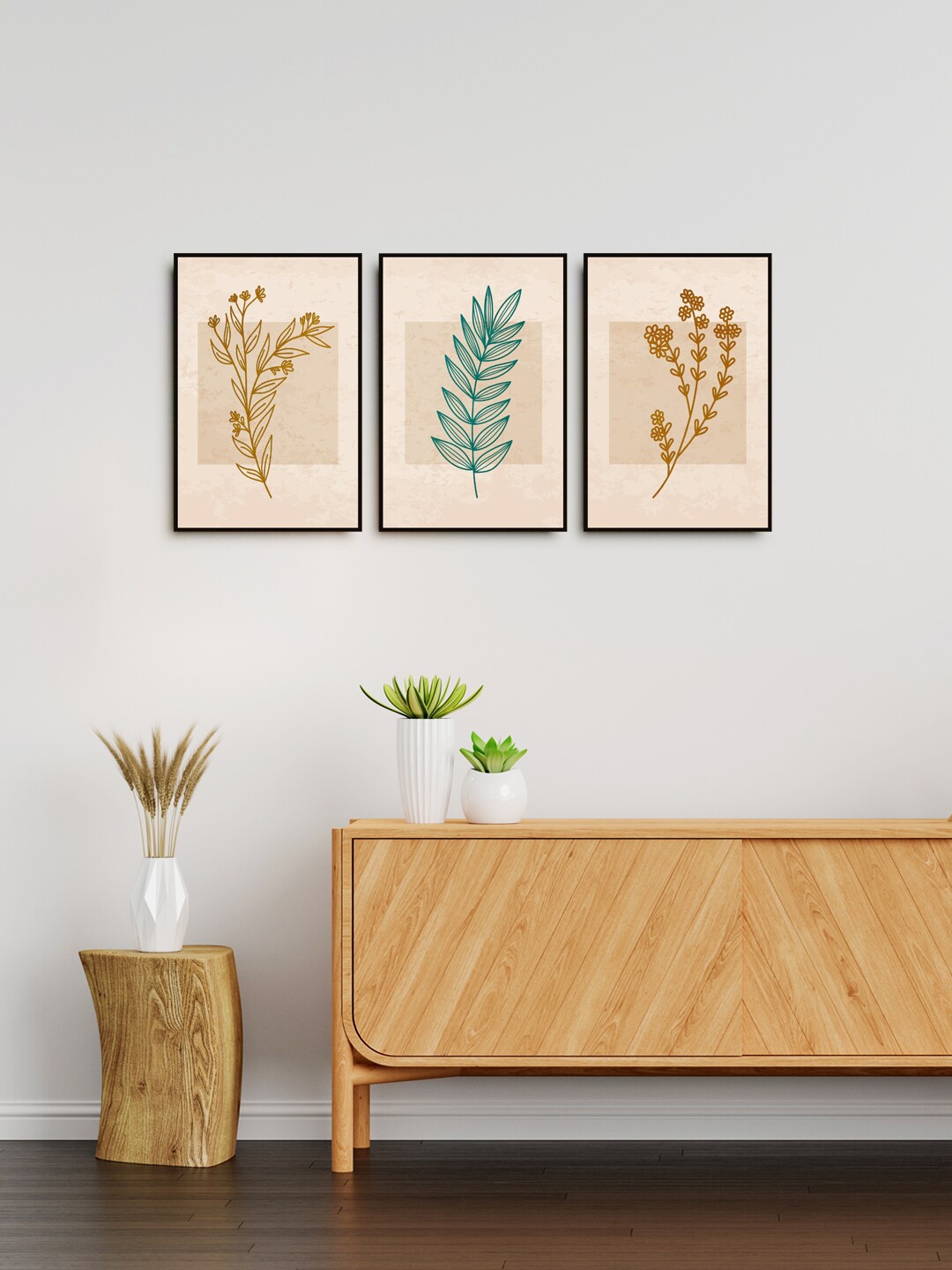 

999Store Set of 3 Nude-Colored & Green Printed Floral Wall Art